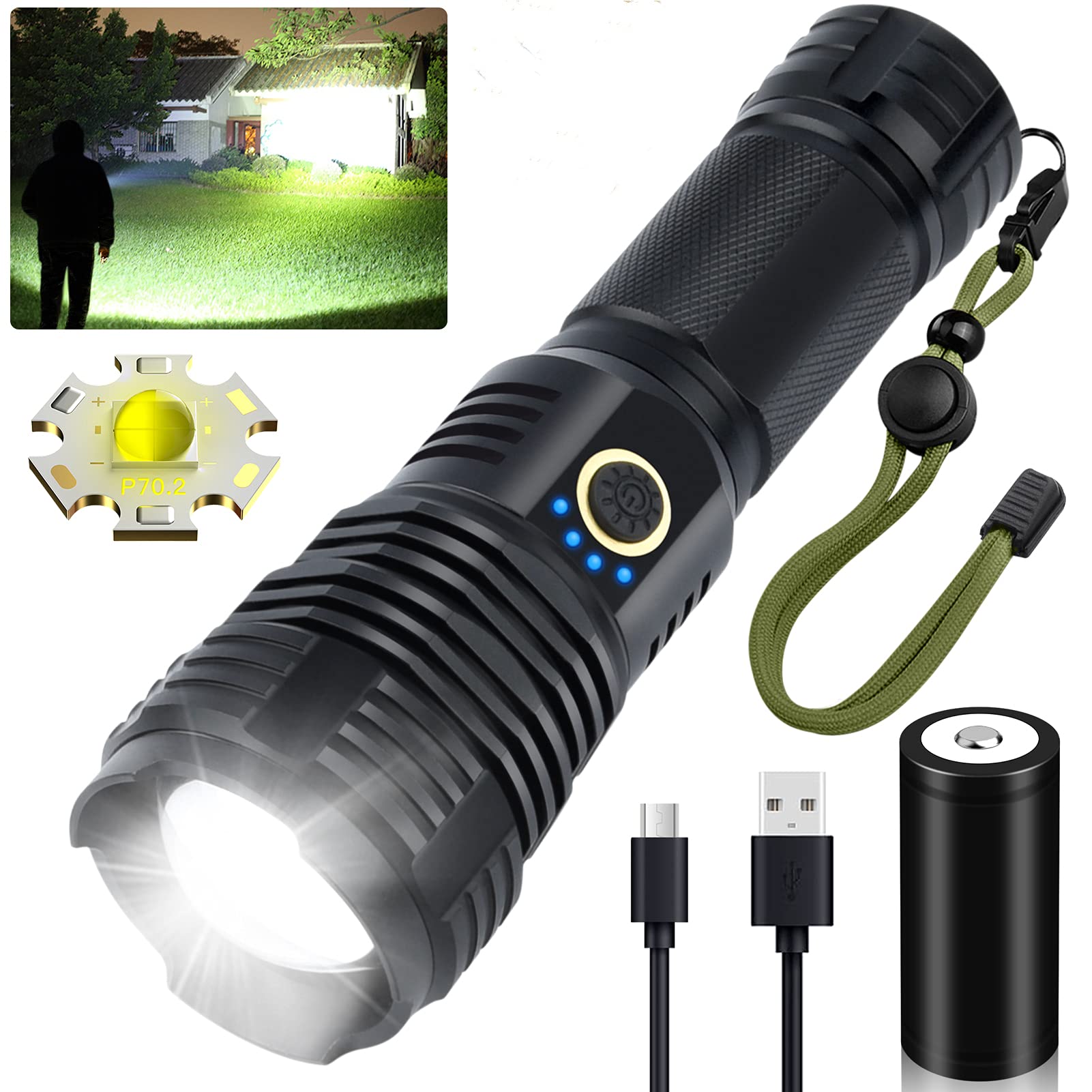 LED Flashlights Rechargeable High Lumens, 90000 Lumens Super Bright Tactical Flashlights, Xhp70.2 Zoomable Waterproof Flash Light 5 Modes for Camping, Hiking, Outdoor, Emergency (with Battery)