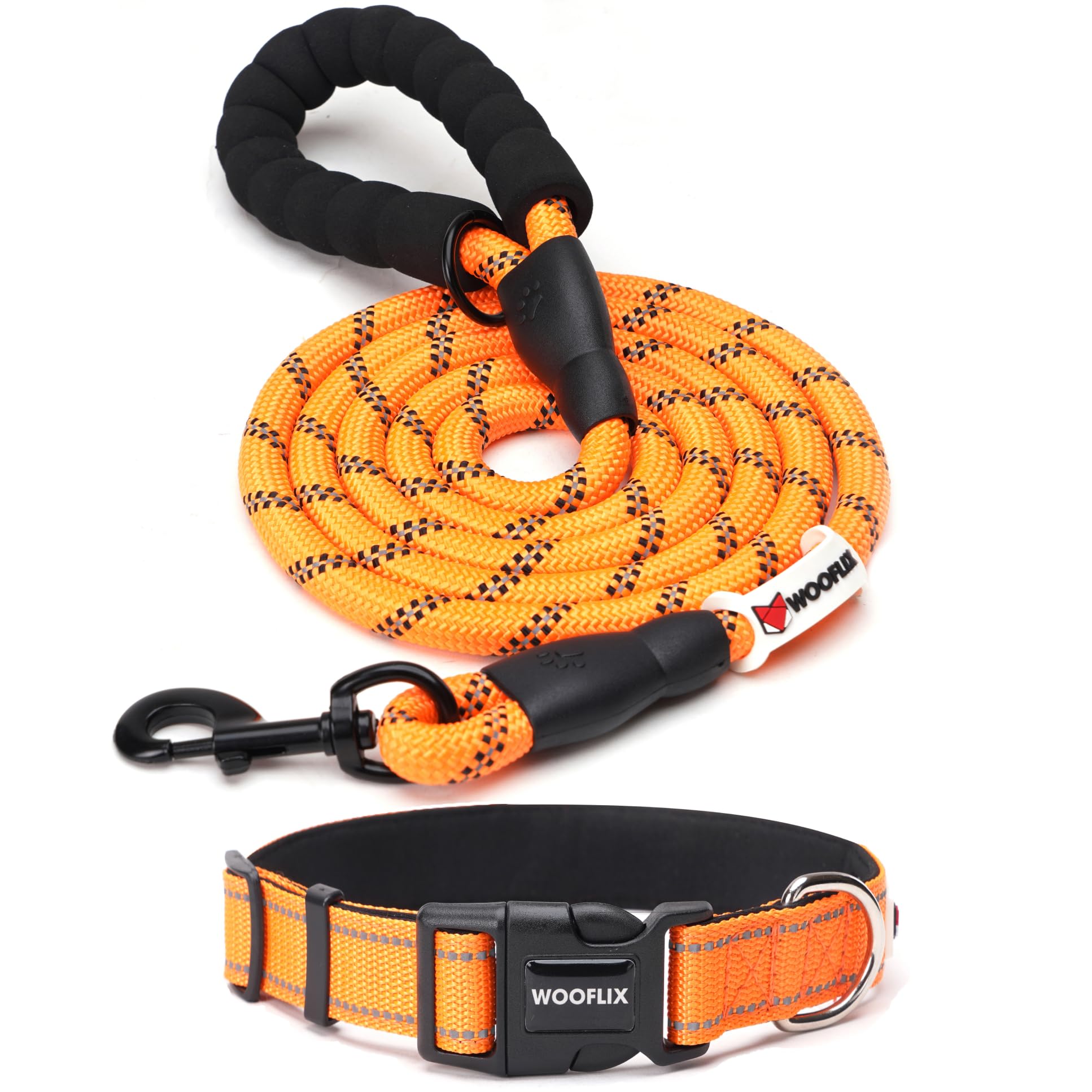 WOOFLIX Nylon Reflective Dog Leash And Collar Combo Set|Dog Collar & Anti Slip Padded Handle Leash For Dogs|Highly Reflective|Dog Rope For Medium & Large Dogs|(Leash 5 Ft. + Collar Large, Orange)