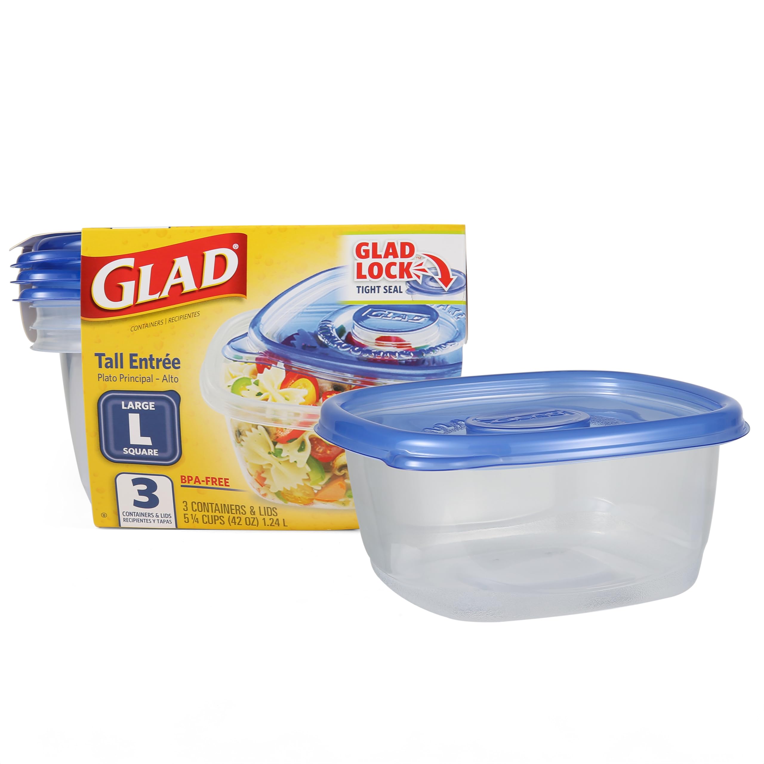 Glad GladWare Tall Entrée Food Storage Containers | Large Square Containers for Food Hold up to 42 Ounces of Food, 3 Count | Strong and Sturdy Large Food Storage Holders