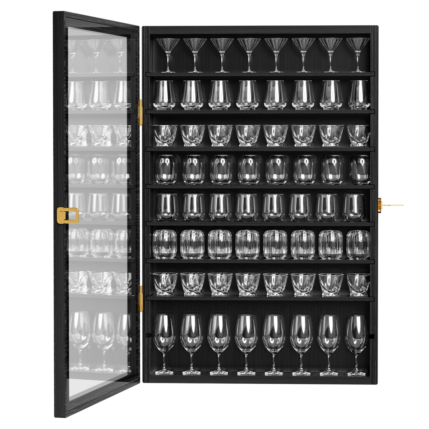 72-Cubby Shot Glass Display Case Wooden Shot Glasses Holder Wall Mounted Bar Cabinet Shot Glass Shelf with Lockable Acrylic Door, Black