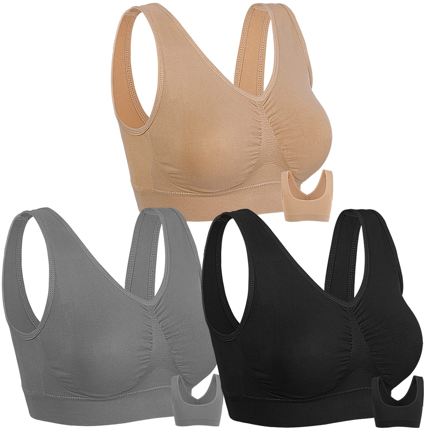 Onory3 Pack Sports Bras for Women Wirefree Padded Workout Yoga Gym Fitness Bra Medium Support