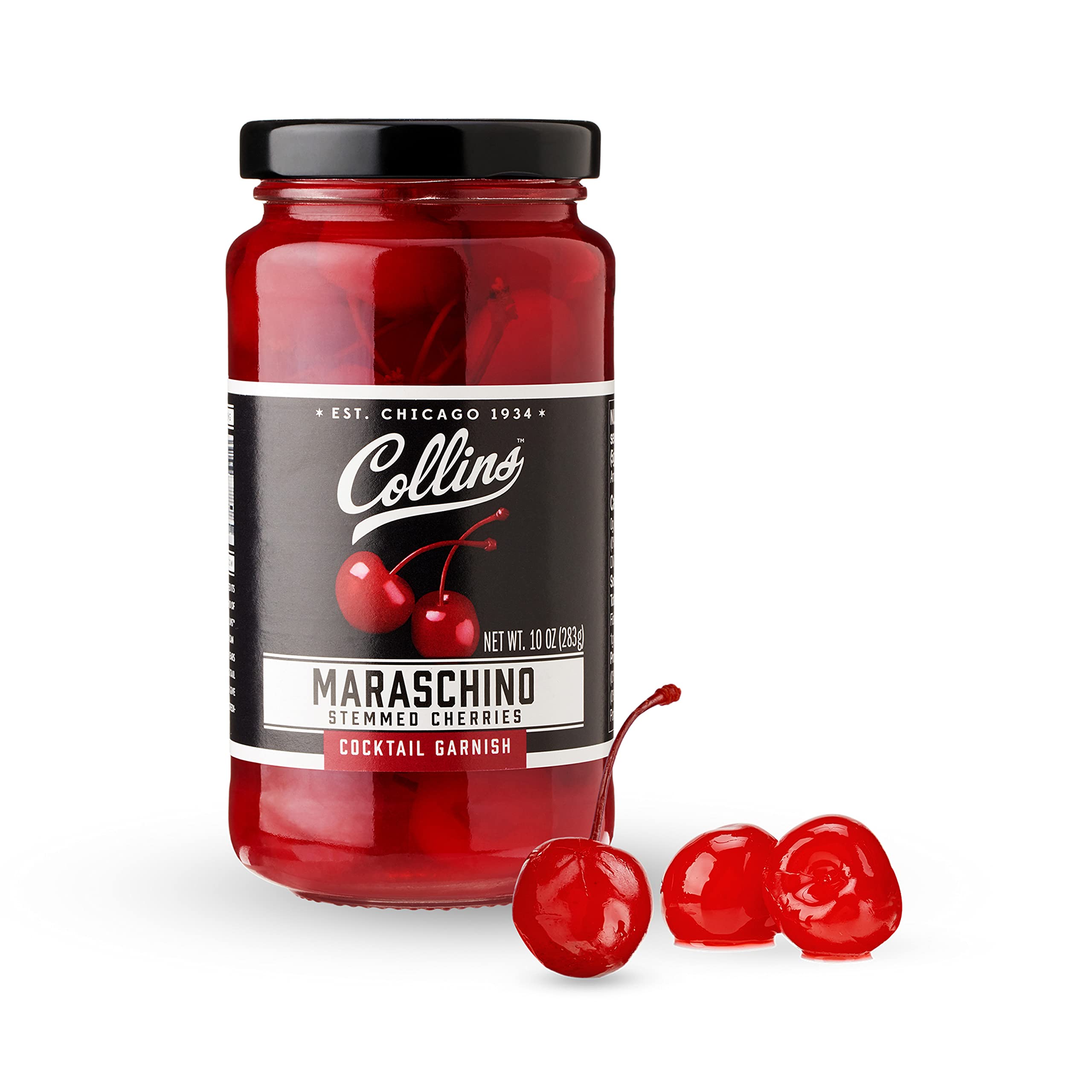 Collins Stemmed Maraschino Cocktail Cherries | Royal Anne Cherries Garnish for Cocktails, Manhattan, Old Fashioned, 10oz