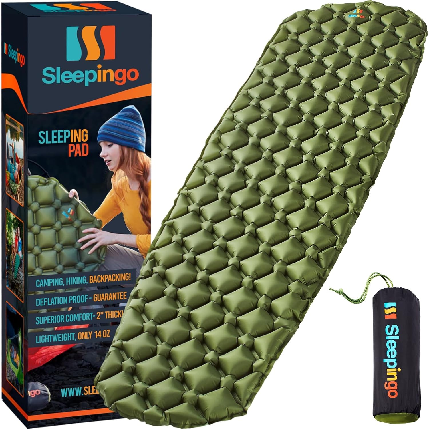 Sleeping Pad for Camping - Ultralight Sleeping Mat for Camping, Backpacking, Hiking - Lightweight, Inflatable Air Mattress - Compact Camping Mats for Sleeping- Green, 1pk