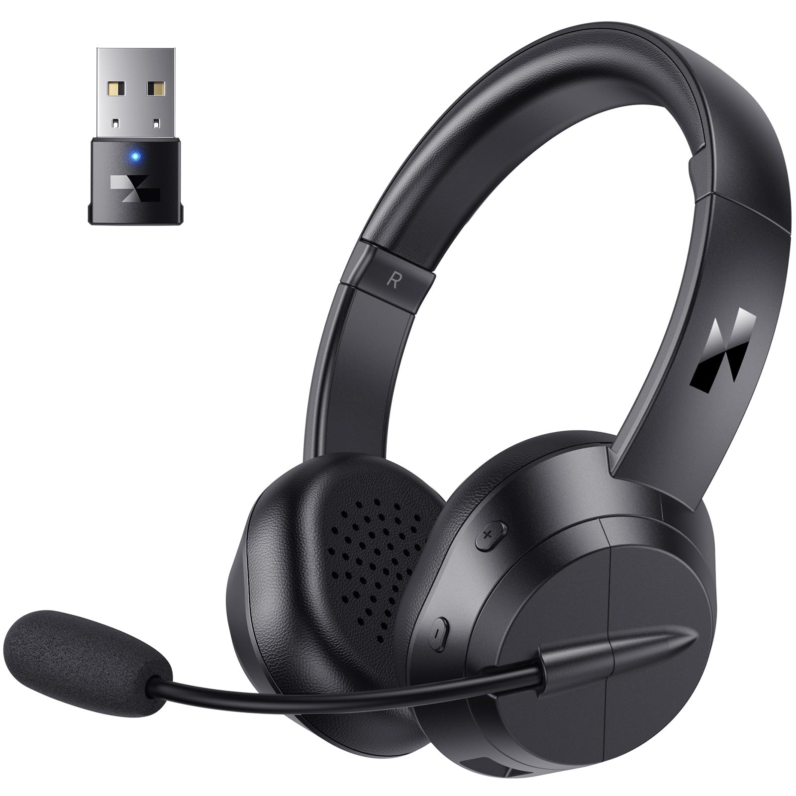 Wireless Headset with Mic for Work, Bluetooth Headset with Noise Cancelling Microphone, Bluetooth V5.3 Headphones with USB Dongle & Mic Mute for Computer/Laptop/PC/Cell Phones/Remote Work/Call Center