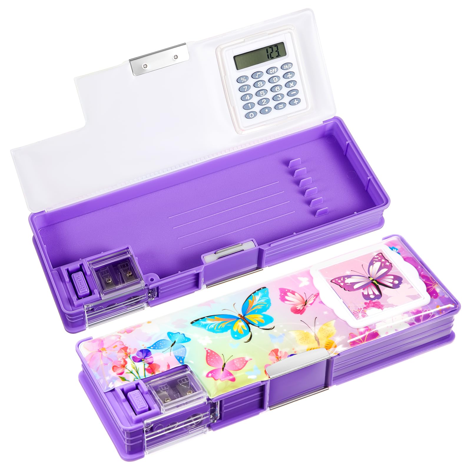 Henoyso Pencil Box for Girls Butterfly Pencil Case with Calculator and Pencil Sharpener Multifunction Pencil Case Cool School Supplies Back to School Gift Birthday Present for Kids Teens