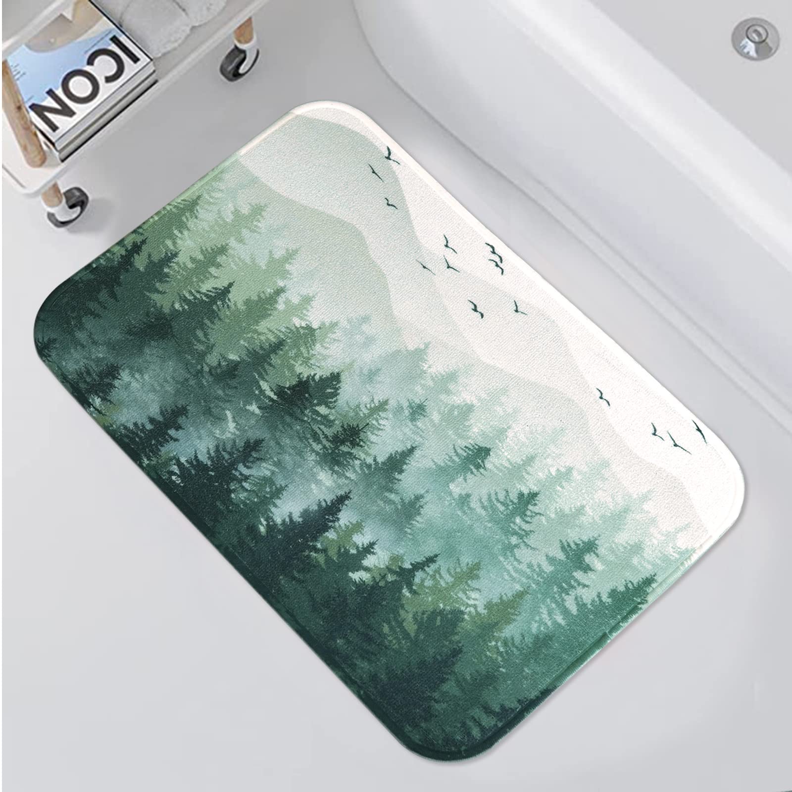 AccniccGreen Misty Forest Bathroom Rugs Mat Nature Tree Mountain Bath Rug Water Absorbent Non Slip Shower Mat Memory Foam Bath Mats for Bathroom Decor (32'' × 20'')