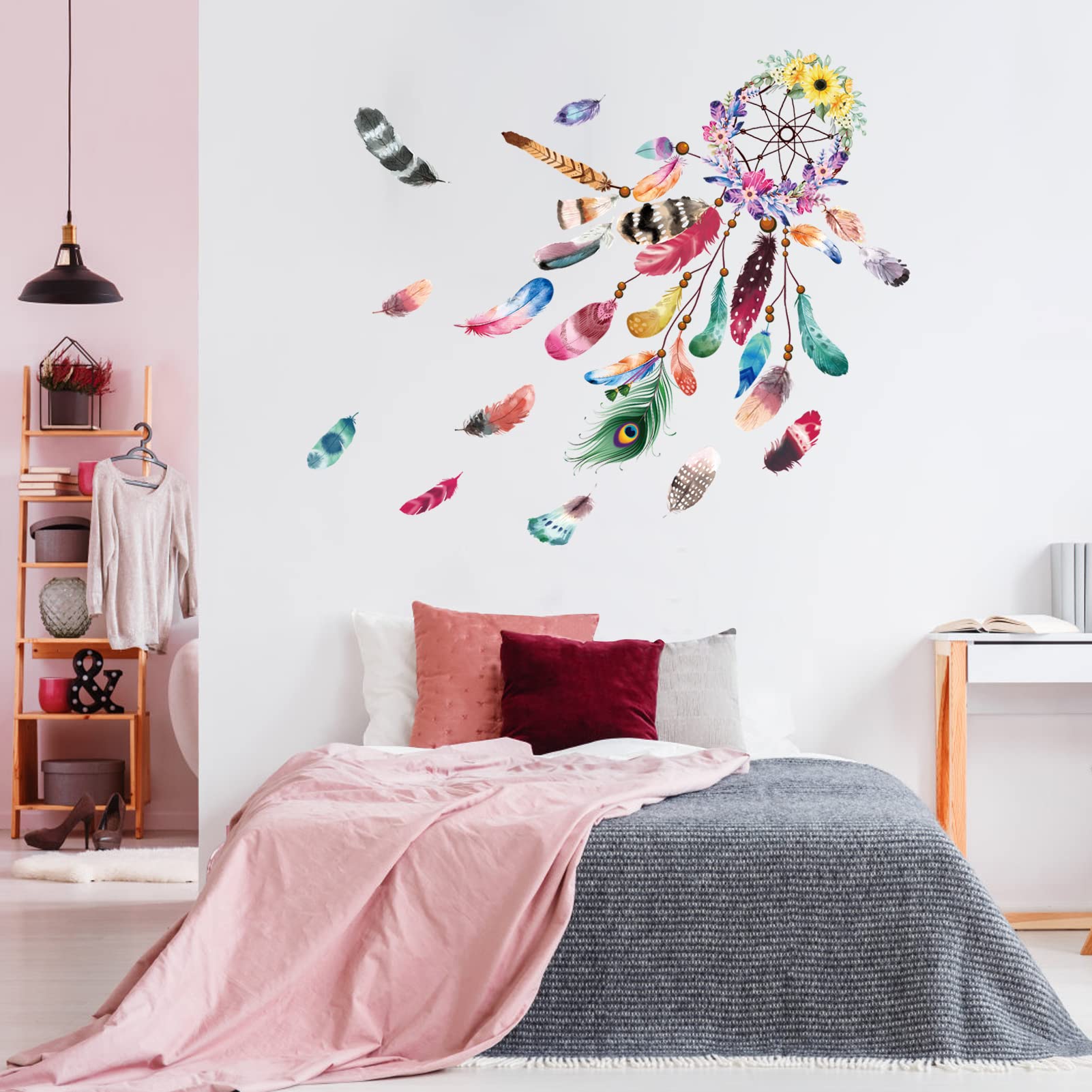 AnFigure Boho Feathers Wall Stickers for Living Room Bedroom Wall Decals Dream Catcher Baby Kids Room 3D DIY Cute American Indian Bohemian Theme Tv Furniture Family Home Wall Decor