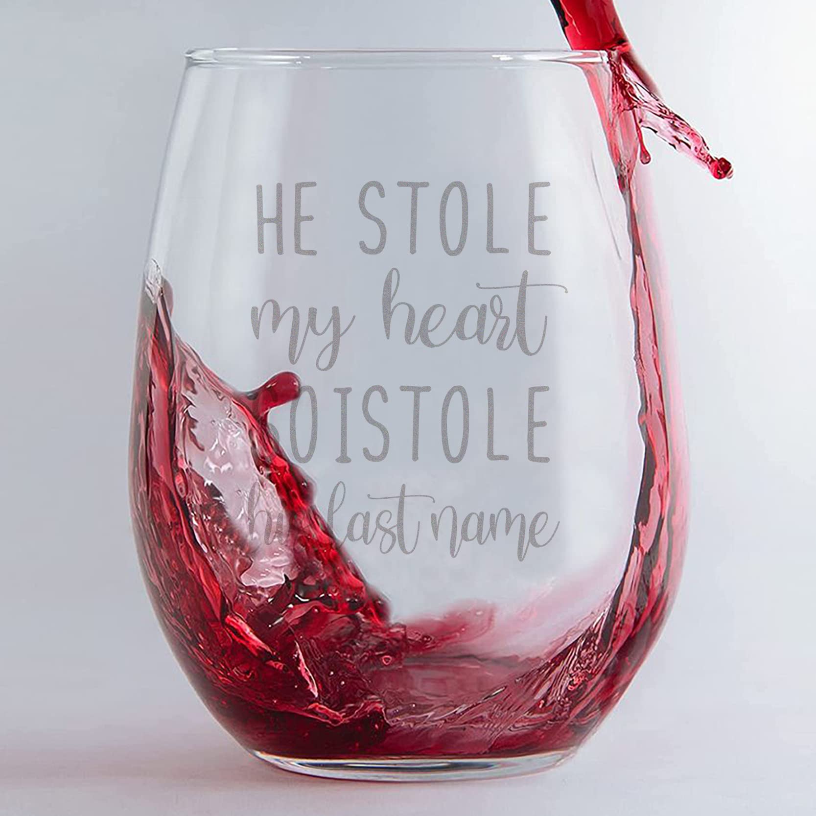 He Stole My Heart, Customizable Stemless Red Wine Glasses Engraved Drinking Cup Wine Glassware For Kitchen, Bar, Home Decor Christmas Gifts 17 Oz