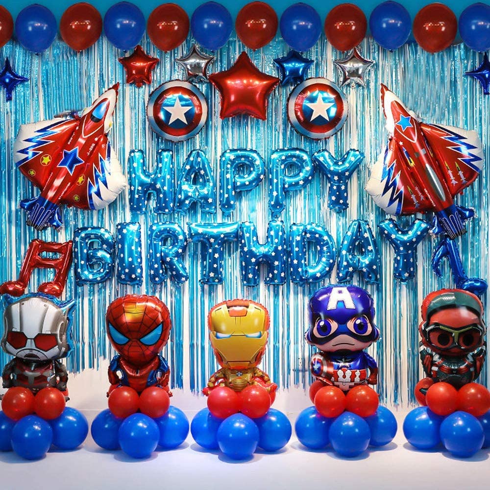 S Shiryas Shiryas Superhero Birthday Party Decorations Set, 65 Pcs Avengers Birthday Party Supplies Decorations for Kids Theme Party, Superhero Balloons Decoration with Party Fringe Curtains Decor