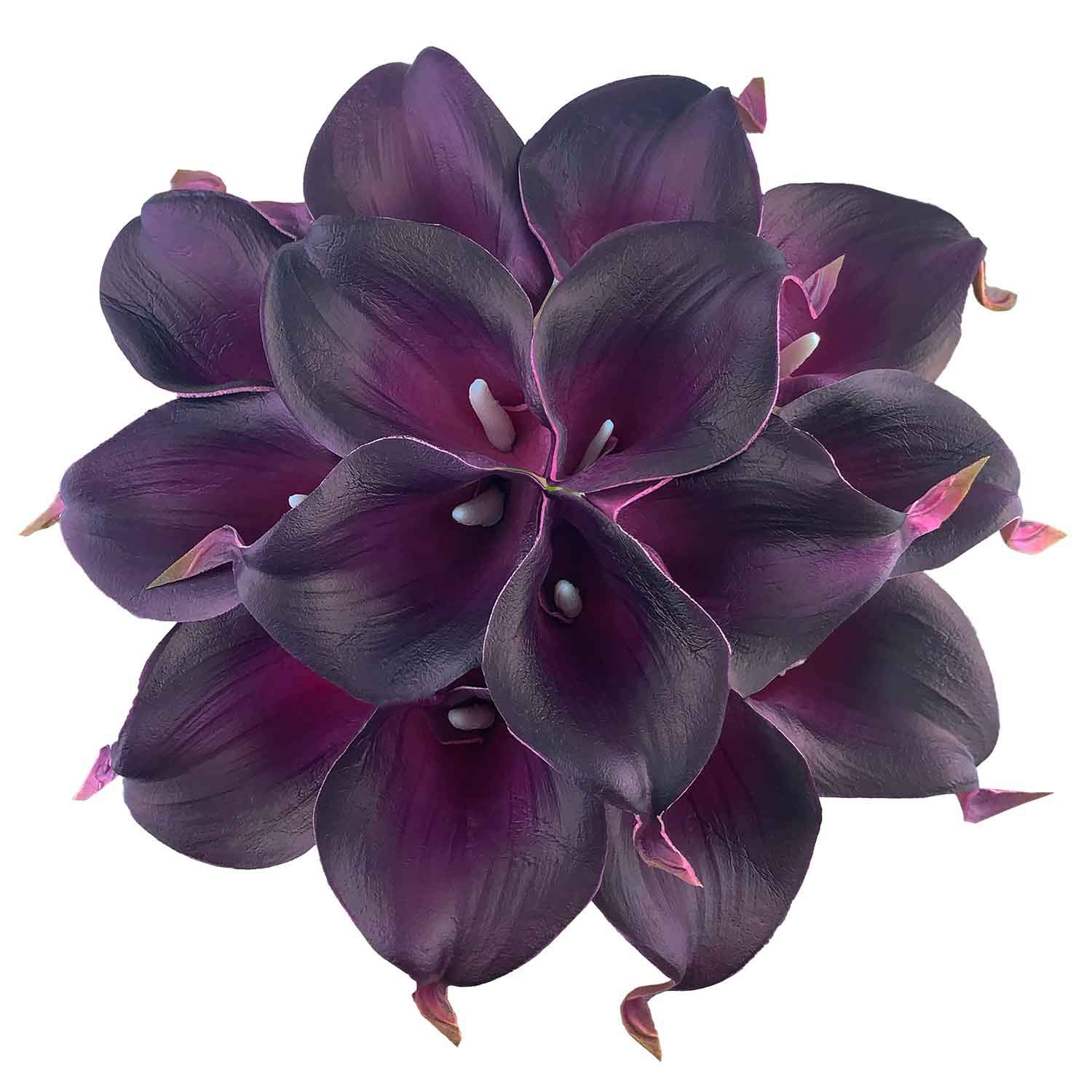 Huahuashijie 15 Pcs Real Touch Calla Lily Artificial Flowers Wedding Bridal Bouquet Home Décor Party (Dark Plum Purple)