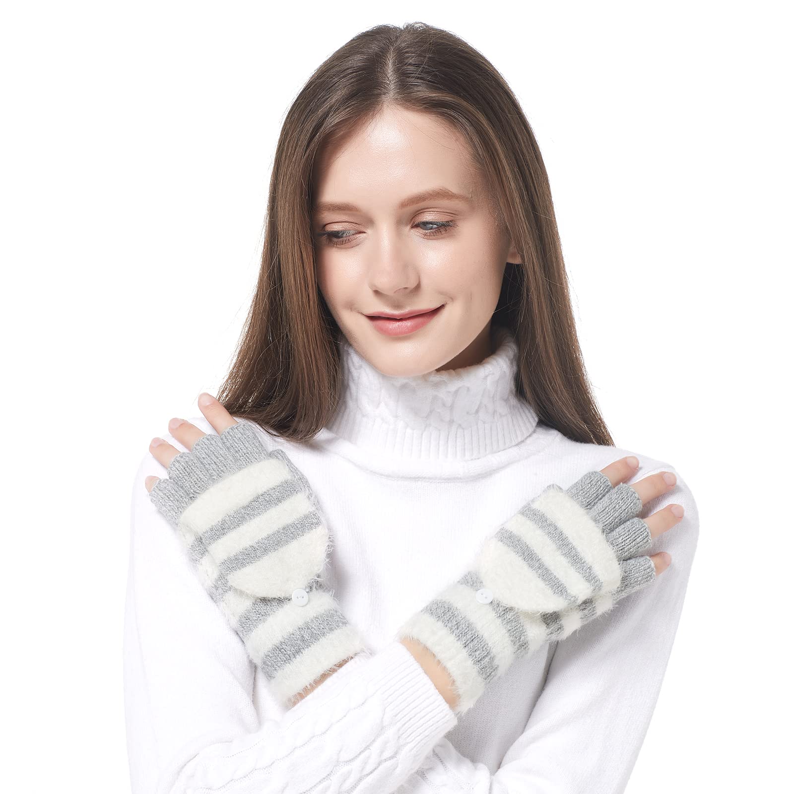 AchiouWinter Fingerless Gloves for Women, Warm Convertible Clamshell Mitten Gloves, Knitted Wool Glove for Girl Fleece Lined