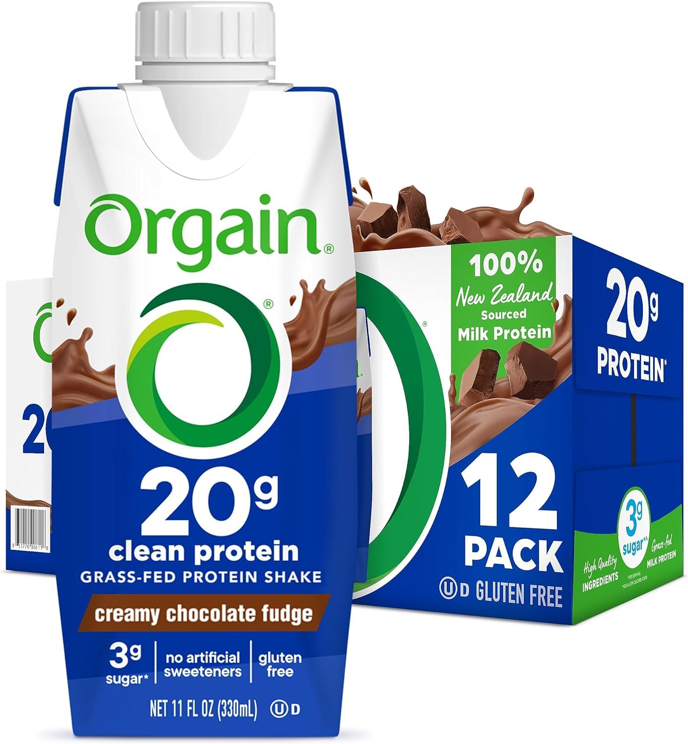 Orgain Clean Protein Shake, Grass Fed Dairy, Creamy Chocolate Fudge - 20g Whey High Protein, Kosher, Ready to Drink, Low Net Carbs, Gluten Free, No Soy Ingredients, 11 Fl Oz (Pack of 12)