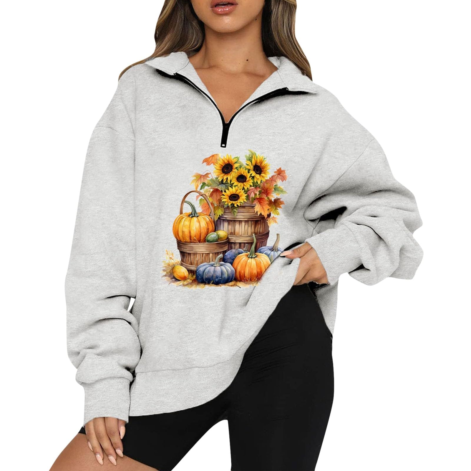 MIASHUI Halloween Sweatshirt Pumpkin Print Half Zip Long Sleeve Sweater Shirts Hoodie 1/4 Zip Pullover Women