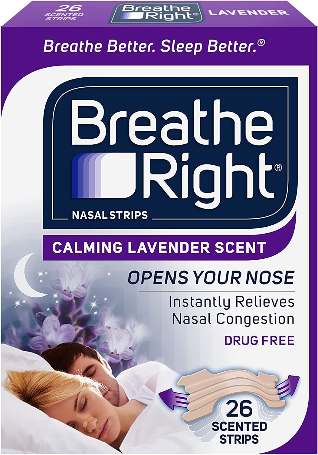 Breathe Right Calming Lavender Scented Drug-Free Nasal Strips for Nasal Congestion Relief 26 count - Pack of 2