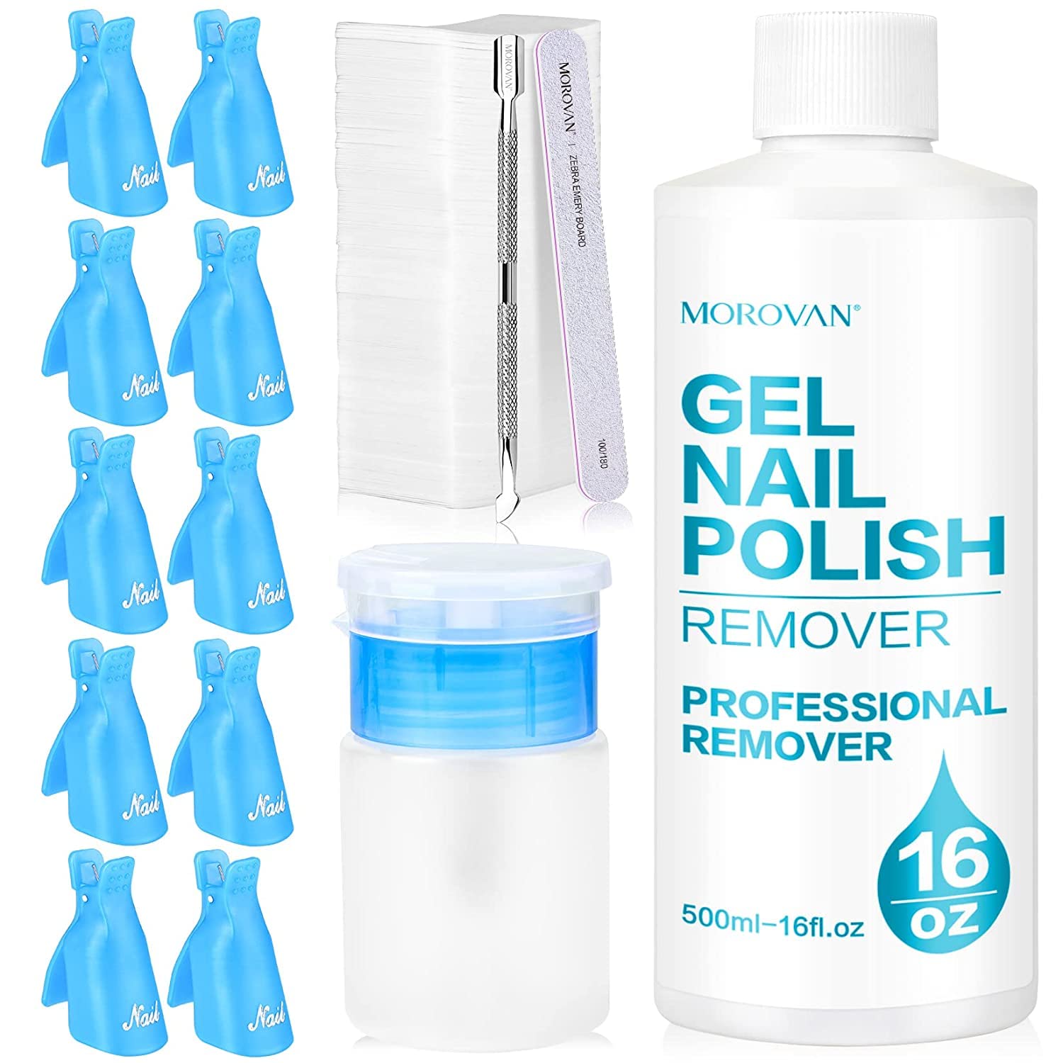 MorovanGel Nail Polish Remover Kit - 16oz Gel Polish Remover Professional Remover Liquid Set with Soak-Off Clip Cuticle Pusher Nail File Quick Easy Remove UV Gel Polish Glitter Powder