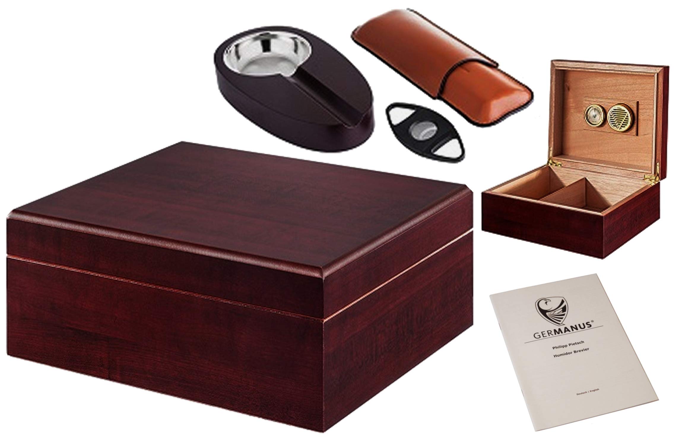 GERMANUS Cigar Humidor Set Cigar Case with Cutter and Ashtray and Instructions Booklet, Brown