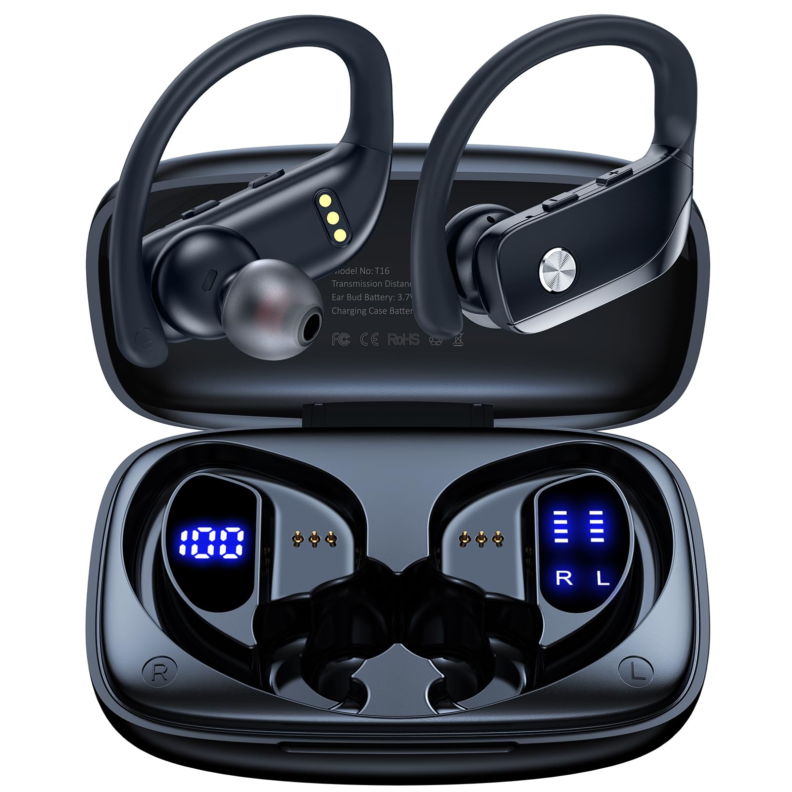 bmanl Wireless Earbuds Bluetooth Headphones 48hrs Play Back Sport Earphones with LED Display Over-Ear Buds with Earhooks Built-in Mic Headset for Workout Black