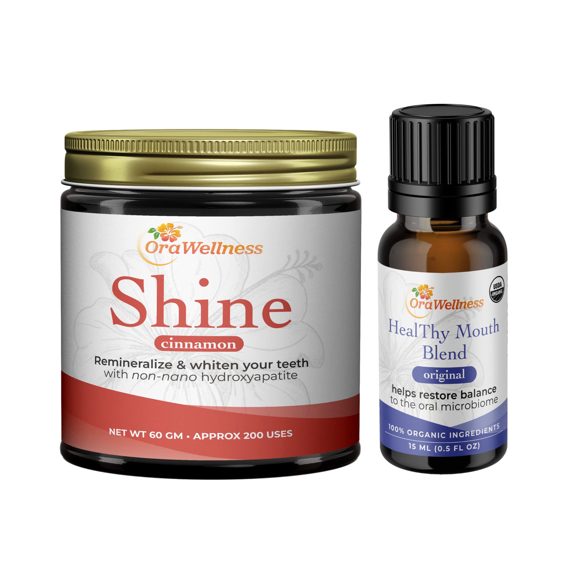 OraWellness Shine Remineralizing Natural Teeth Whitening Powder in Cinnamon + Healthy Mouth Blend Organic Toothpaste & Mouthwash Alternative Tooth Oil