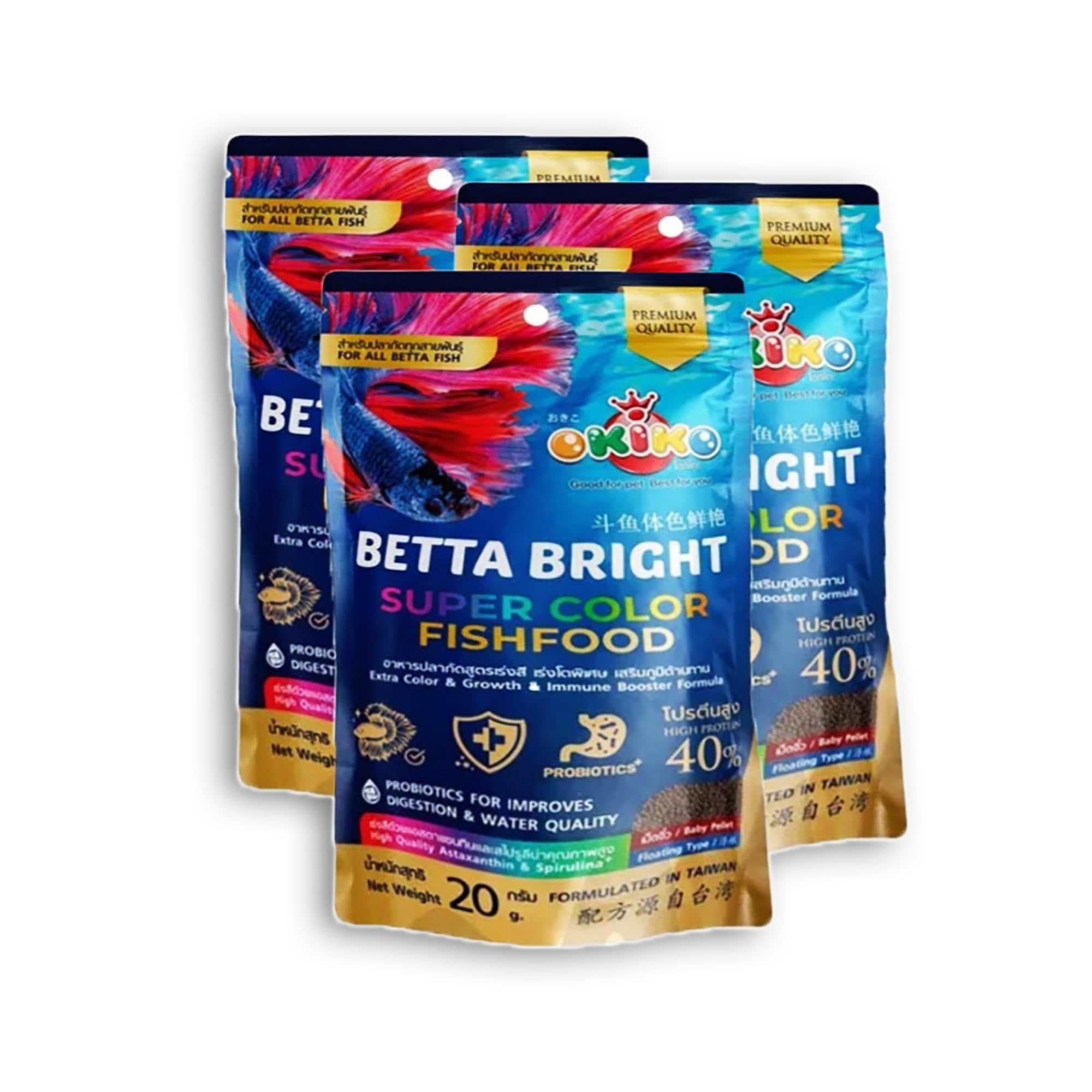 OKIKOBetta Bright Floating Pellet (1mm) 60 g. Fish Food High Protein 40% Color Enhancing Vitality & Astaxanthin, Spirulina, Probiotics Improves Digestion, Multi Vitamins, Clean and Clear Water