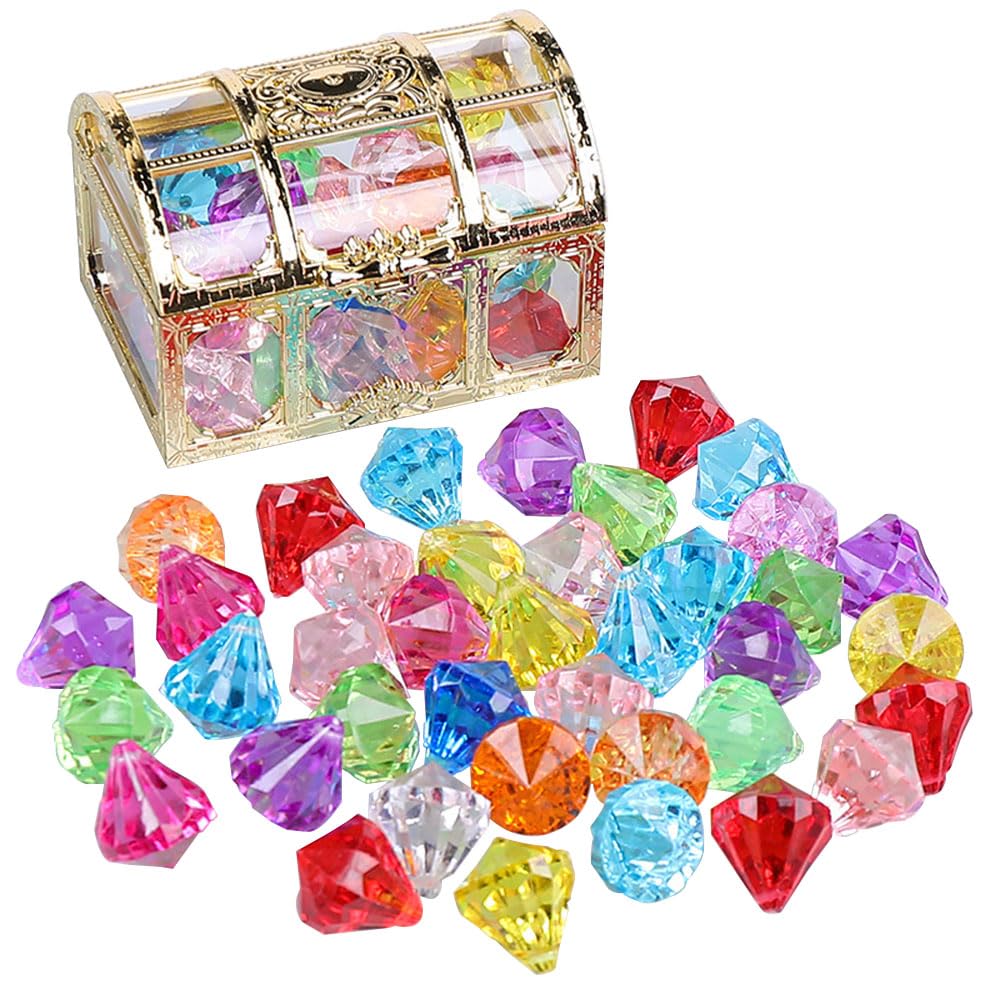 JZS Diving Gem Pool Toy 30 Big Colorful Diamonds Set with Pirate Box Summer Swimming Gem Diving Toys Set Dive Throw Toy Set Underwater Swimming Toy for Pool Use Treasures Gift Sets (Golden Box)