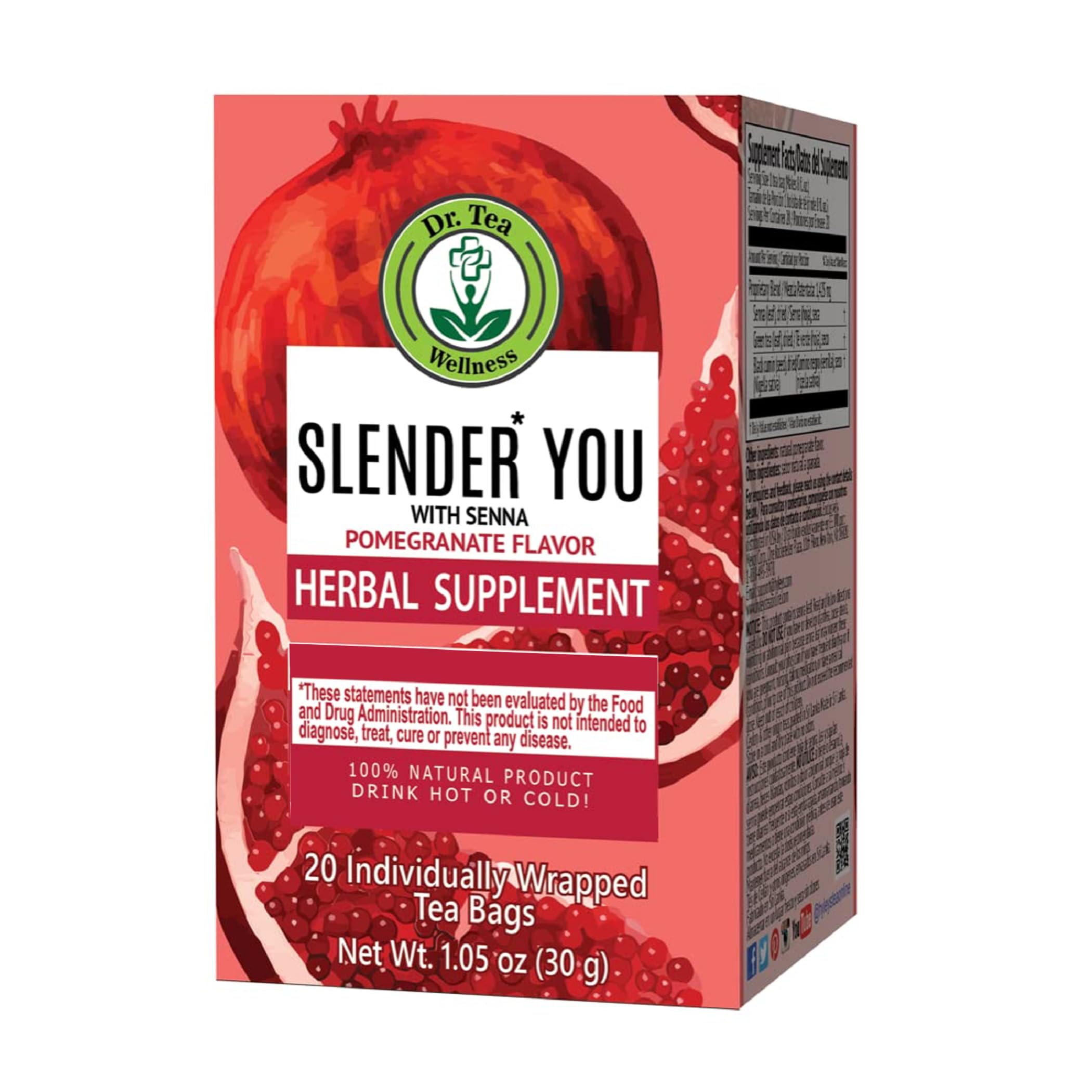 Dr. TeaSlender You Tea with Senna - Pomegranate Flavor - 20 Tea Bags