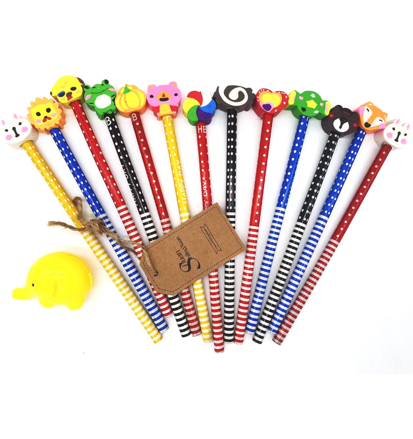 12 Pack Cartoon Striped Pencils with Animal Eraser Colored Children's Wooden Pencil Funny Animal Pencils Set and 1 Pieces Cute Pencil Sharpeners for Kids, Party Decors, Office School Supplies (12)