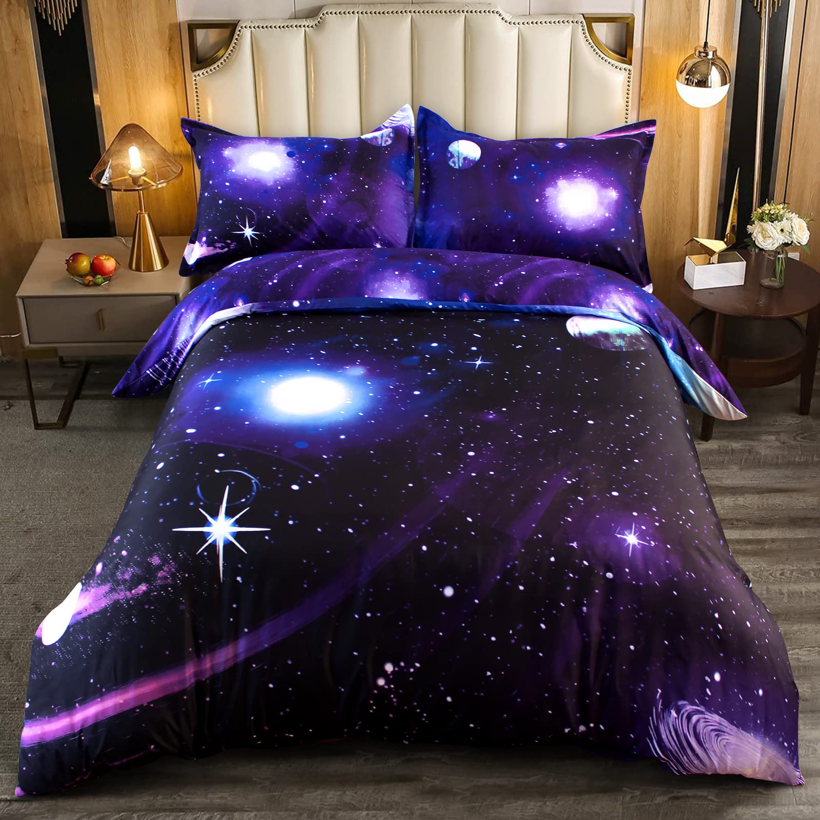 Purple Galaxy Bedding Space Double Duvet Cover Set Starry Sky Reversible Breathable Easy Care 3-ps Set With Zipper Closure, Teenager Boys Comforter Cover 200 x 200 cm Size.