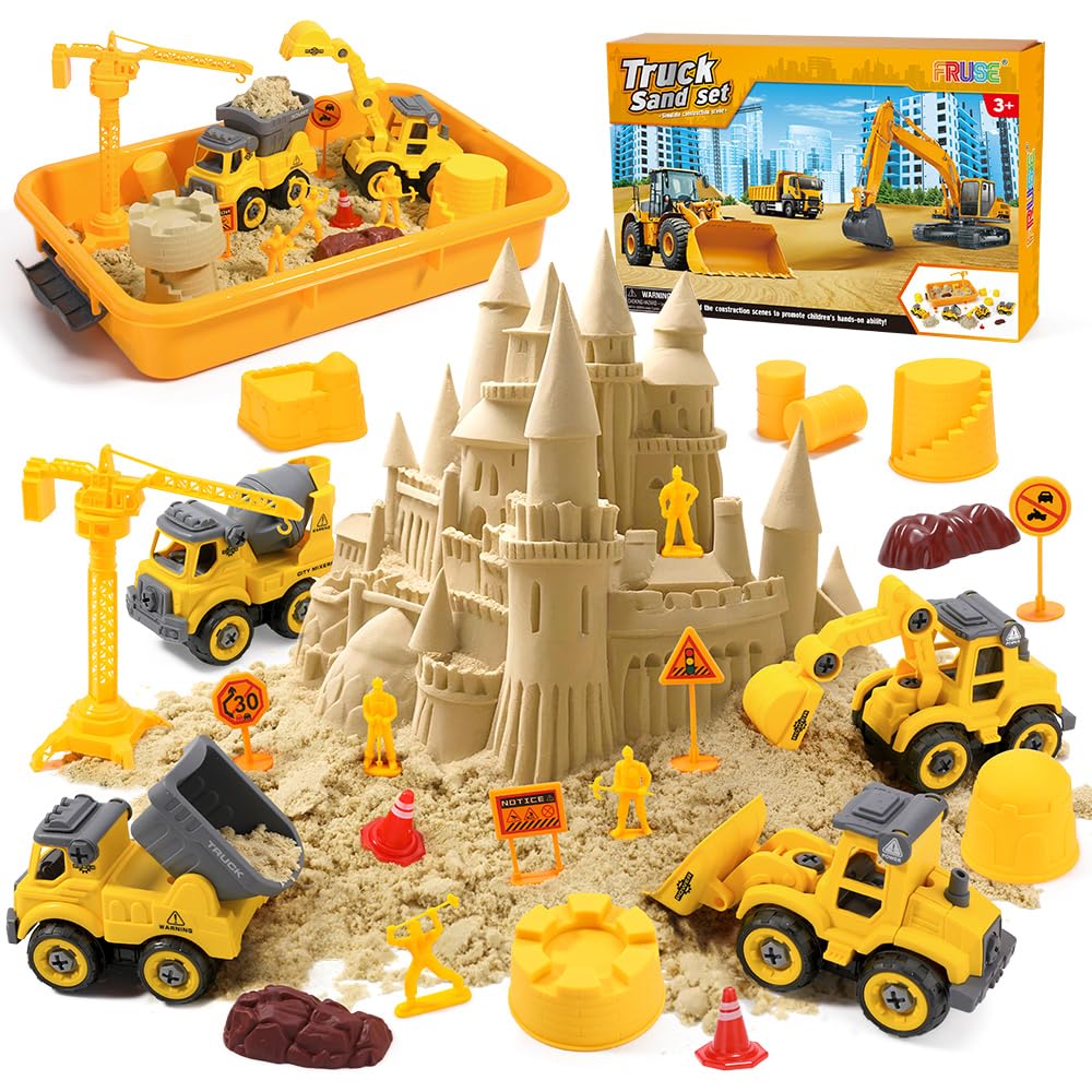 FRUSE Play Construction Sand Kit,Sand Box Toys Set w/Play Sand,4 Take Apart Construction Trucks,4 Castle Molds,Sandbox with Lid,Sensory Toys for Kids Boys Girls Age 3-8