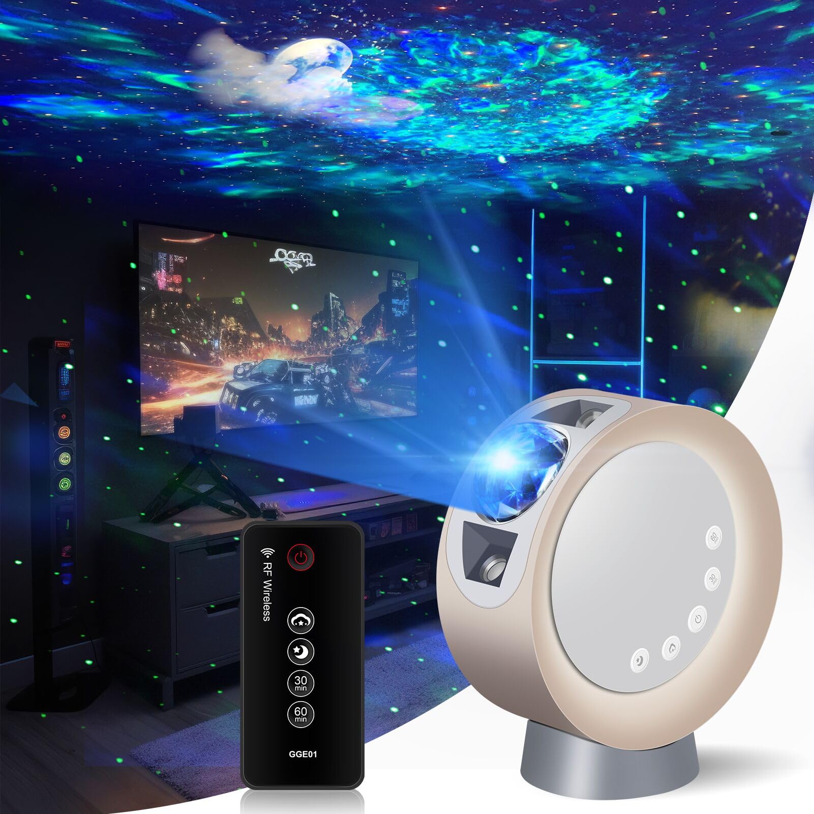 LITENERGY LED Sky Projector Light, Galaxy Lighting, Nebula Star Night Lamp with Base and Remote Control for Gaming Room, Home Theater, Bedroom , or Mood Ambiance (Gold)