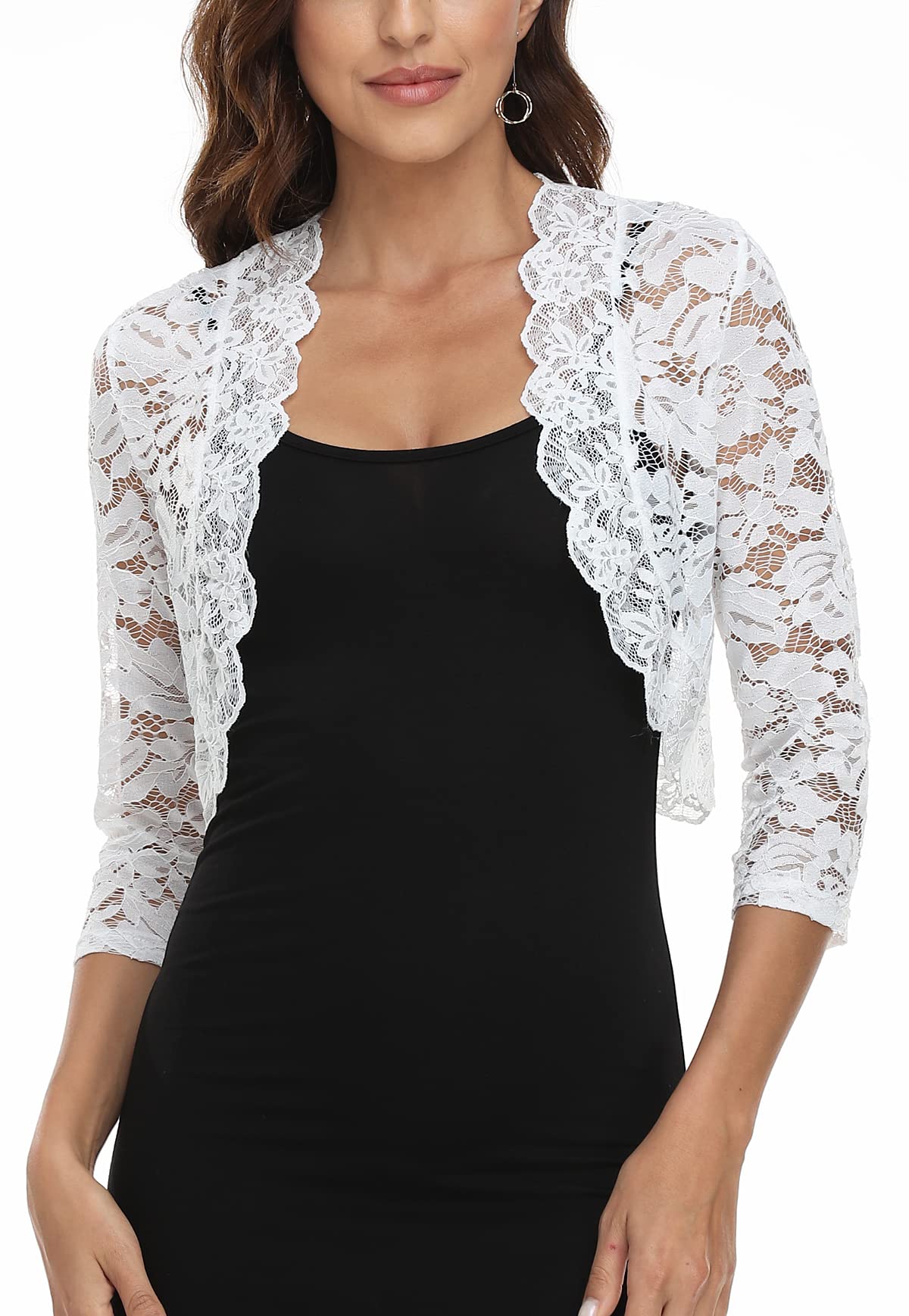 Women's 3/4 Sleeve Sheer Floral Lace Bolero Shrug Top Cardigan