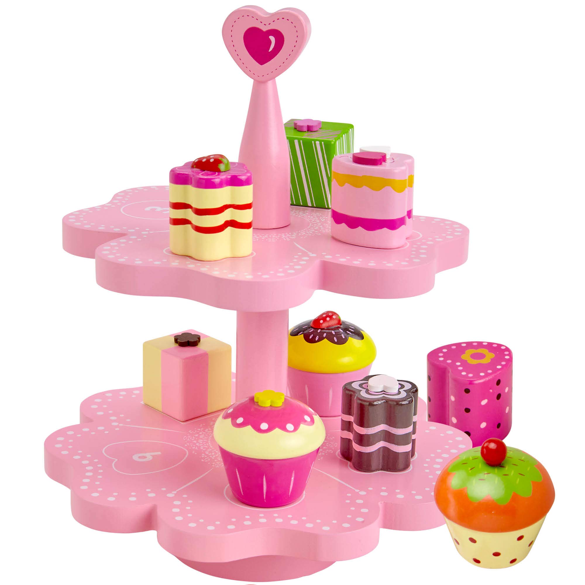 Dragon DrewKids Pink Wood Play Cake Stand Set for Girls - 10 Piece Magnetic Wooden Playtime Toy Set with Assorted Cupcakes, Cakes, Desserts - Fun Imaginative Play