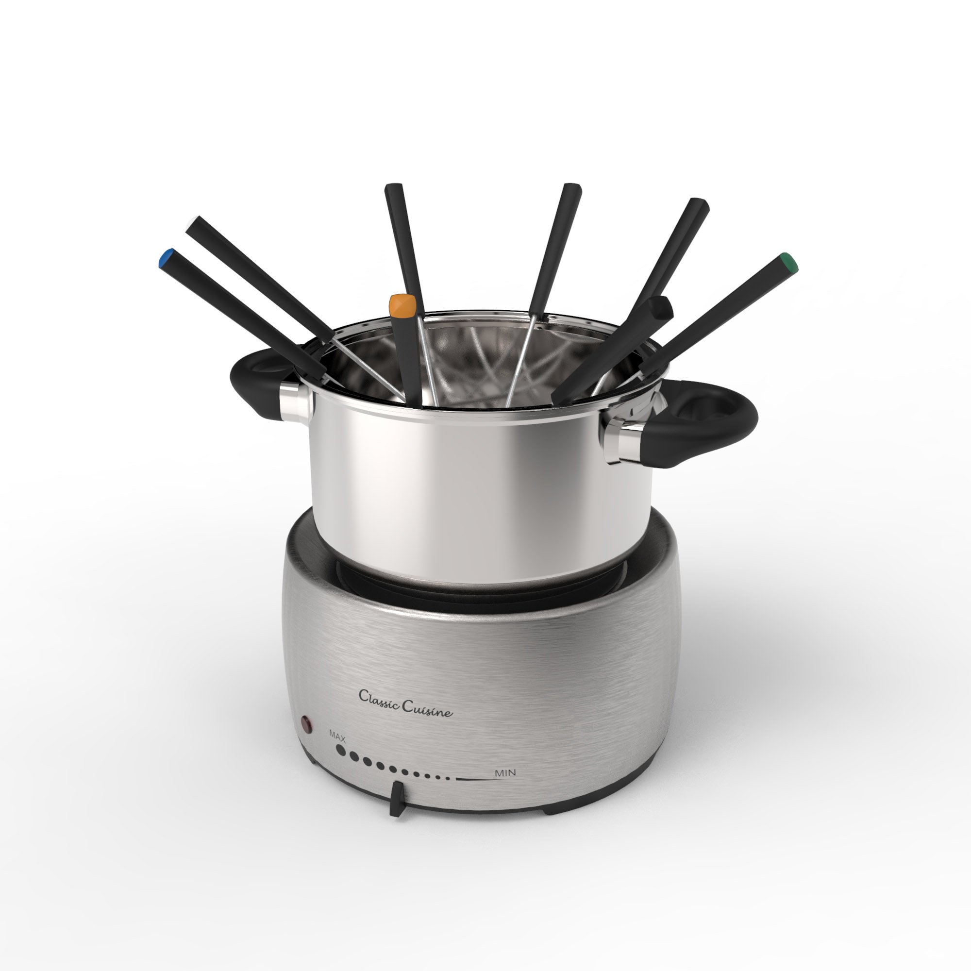 Classic Cuinsine Stainless Steel Fondue Set-Melting Pot Cooker and Warmer for Cheese, Chocolate and More-Kit Includes 8 Forks by Classic Cuisine-Dishwasher Safe, 7.25" x 3.75", Silver