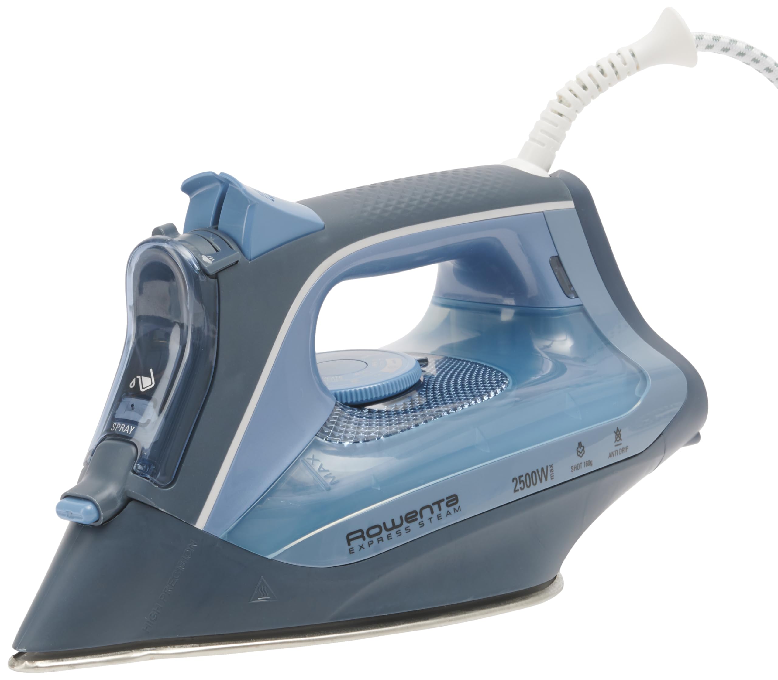 RowentaDW4320 Express Steam Iron 2500 Watts Continuous Steam Rate 40 g/min Steam Burst 160 g/min Eco Function Dripstop Dark Blue / Light Blue