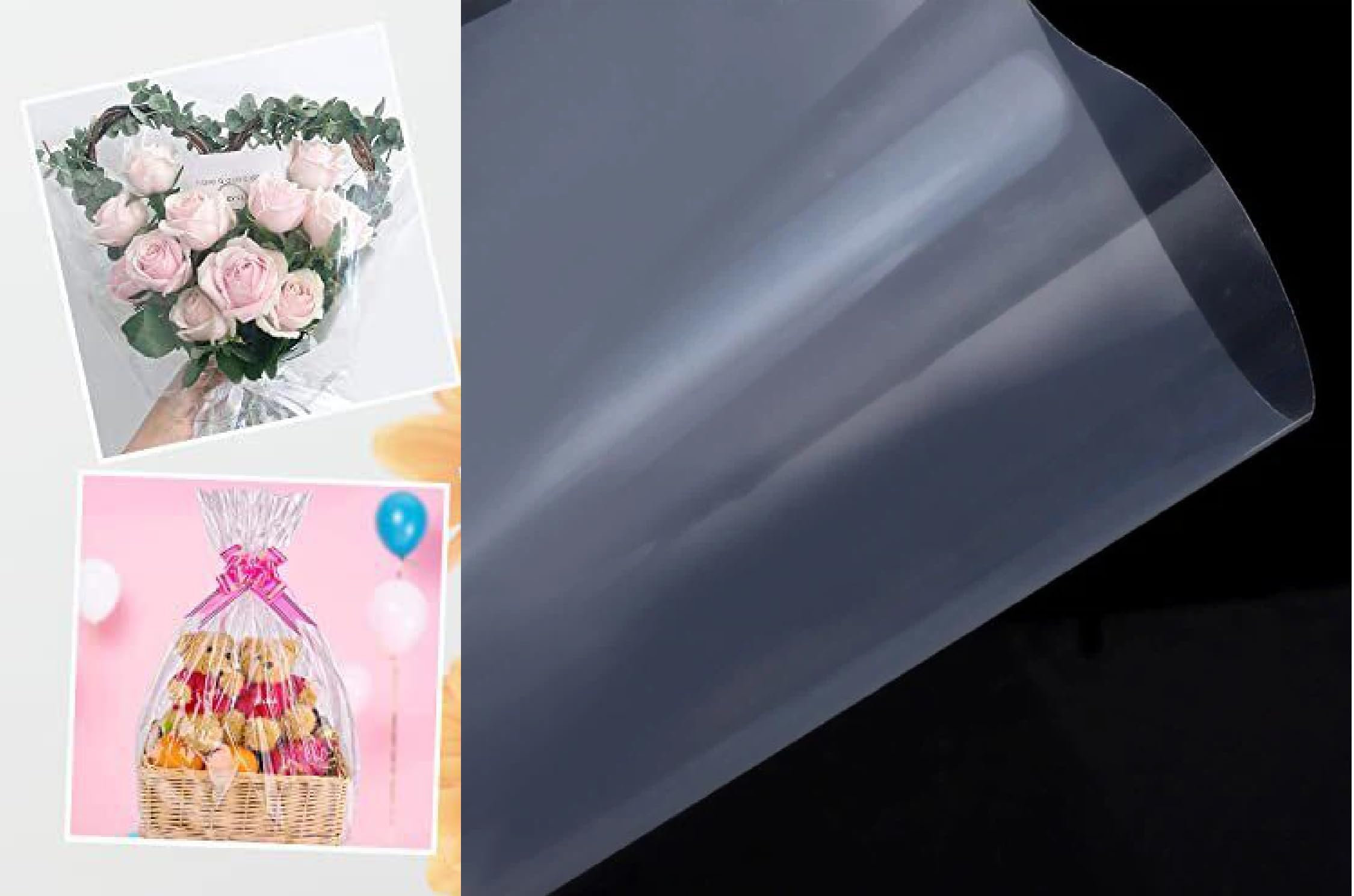 Rosy.Moment Packing Roll Transparent Clear Cellophane Wrap Roll, Flowers Baskets Food Gift Crystal Wrappings Paper Safe Paper, thickness 2.3cc Size 70Cm X 2Meters