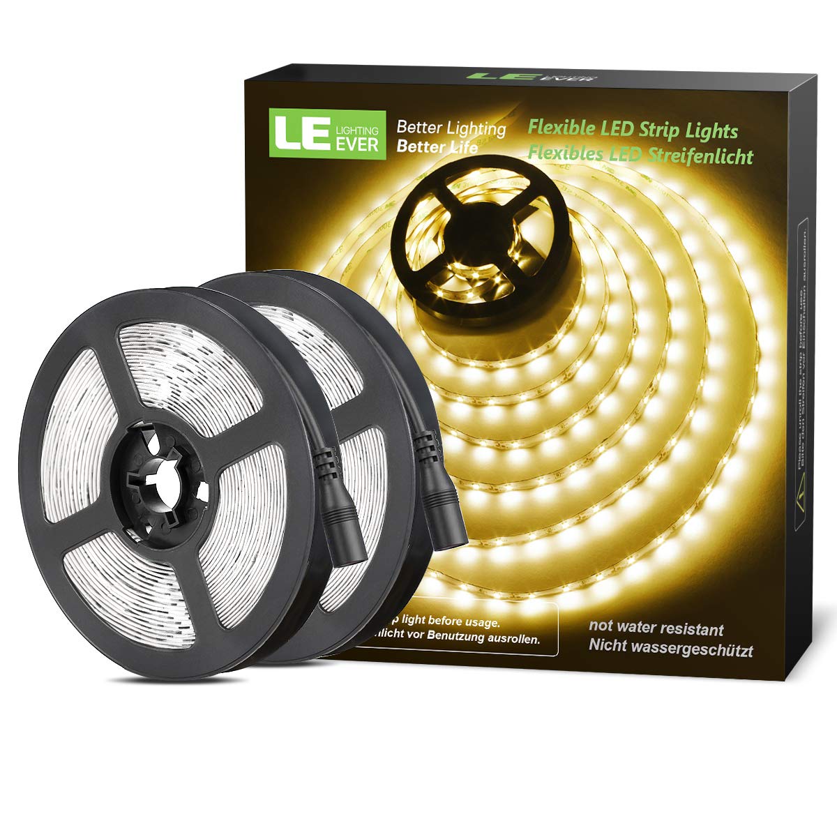 LE 12V LED Strip Light, Flexible, SMD 2835, 300 LEDs, 16.4ft Tape Light for Home, Kitchen, Party, Christmas and More, Non-Waterproof, Warm White, Pack of 2(Not Include Power Adapter)