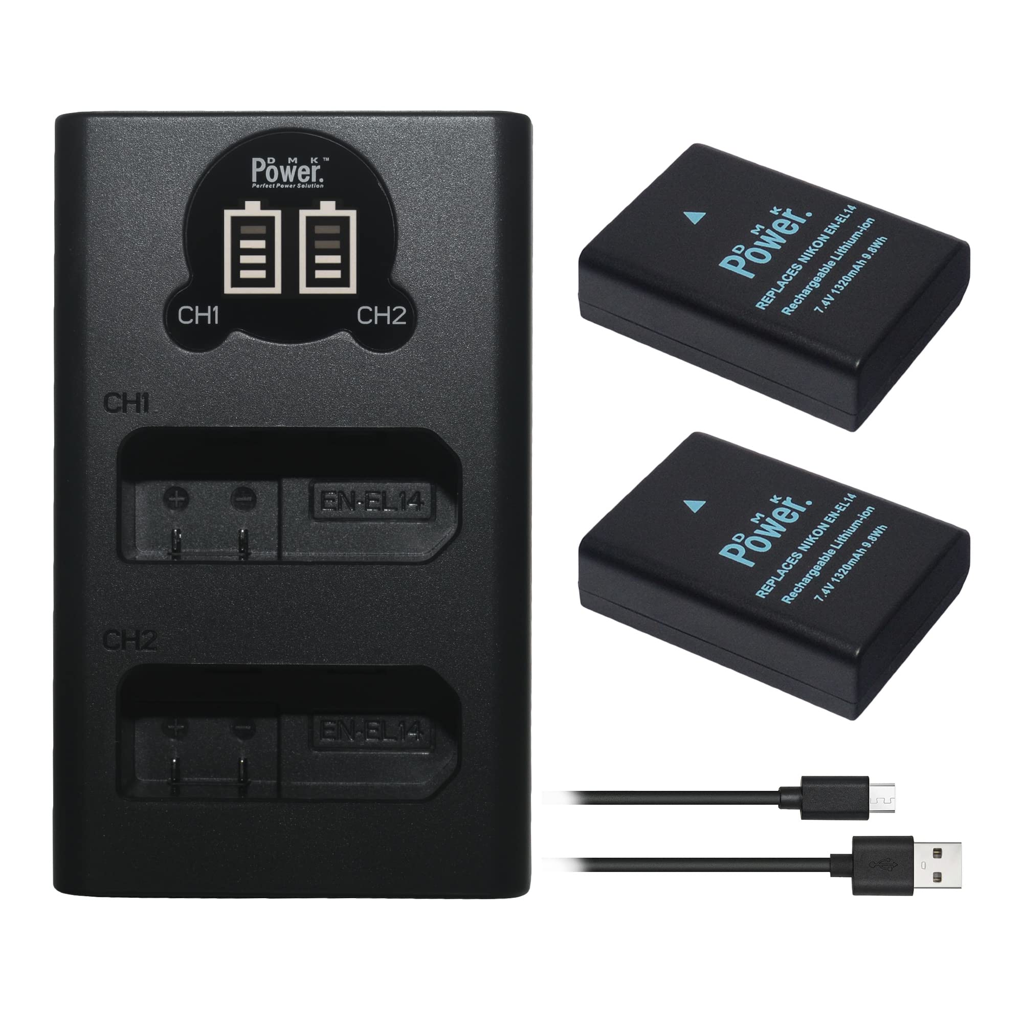 DMK Power EN-EL14A, EN-EL14 Battery with Battery Charger Compatible with Nikon D3100, D3200, D3300, D3400, D3500, D5100, etc,. (TC-USB2 III + 2pcs 1320mAh Battery)