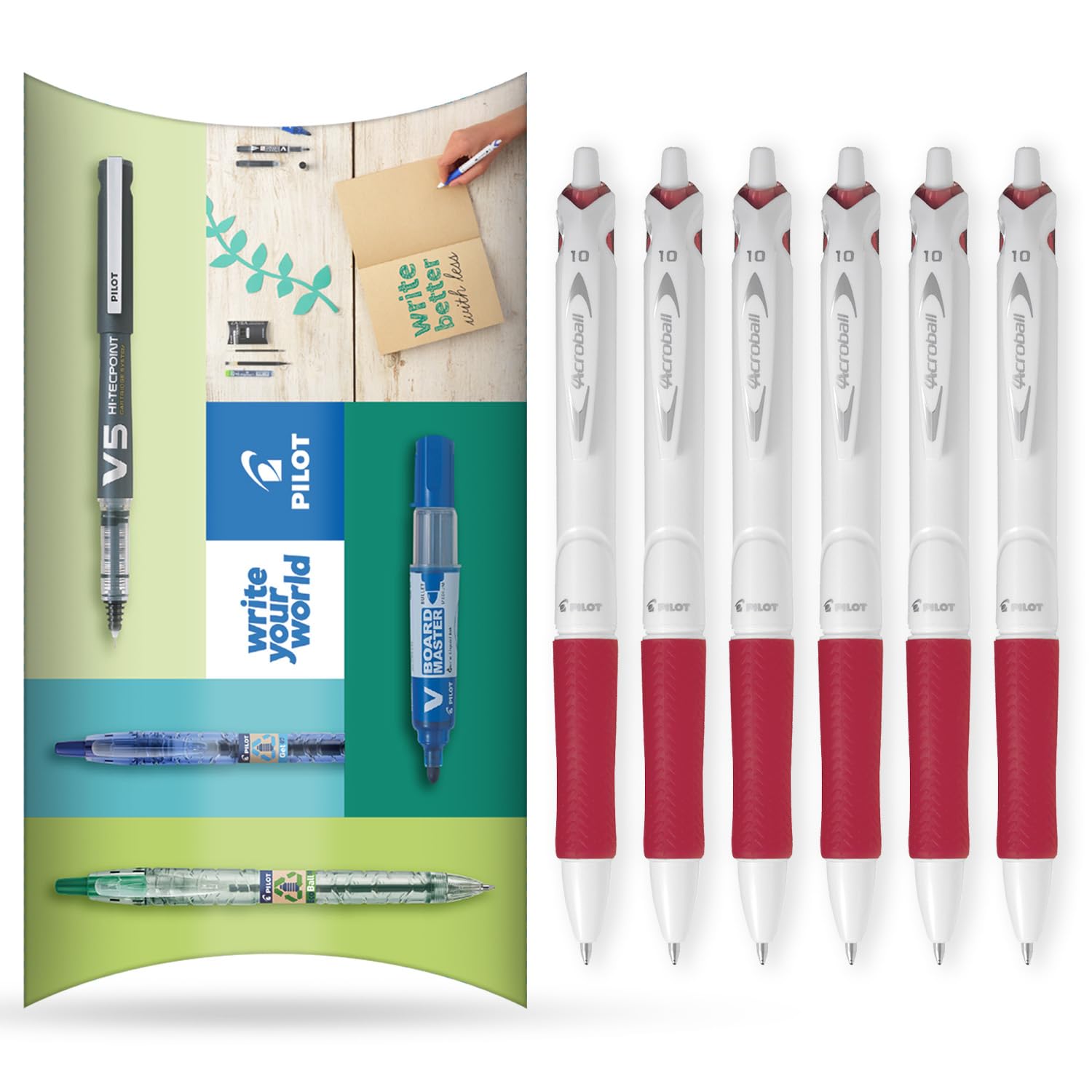 PilotAcroball Pure White Retractable Ballpoint Pen - Begreen Range 79% Recycled - Pack of 6 Pens - Medium 1.0mm Nib - Ideal for Writing, School, Home, Revision, Office. (Red)