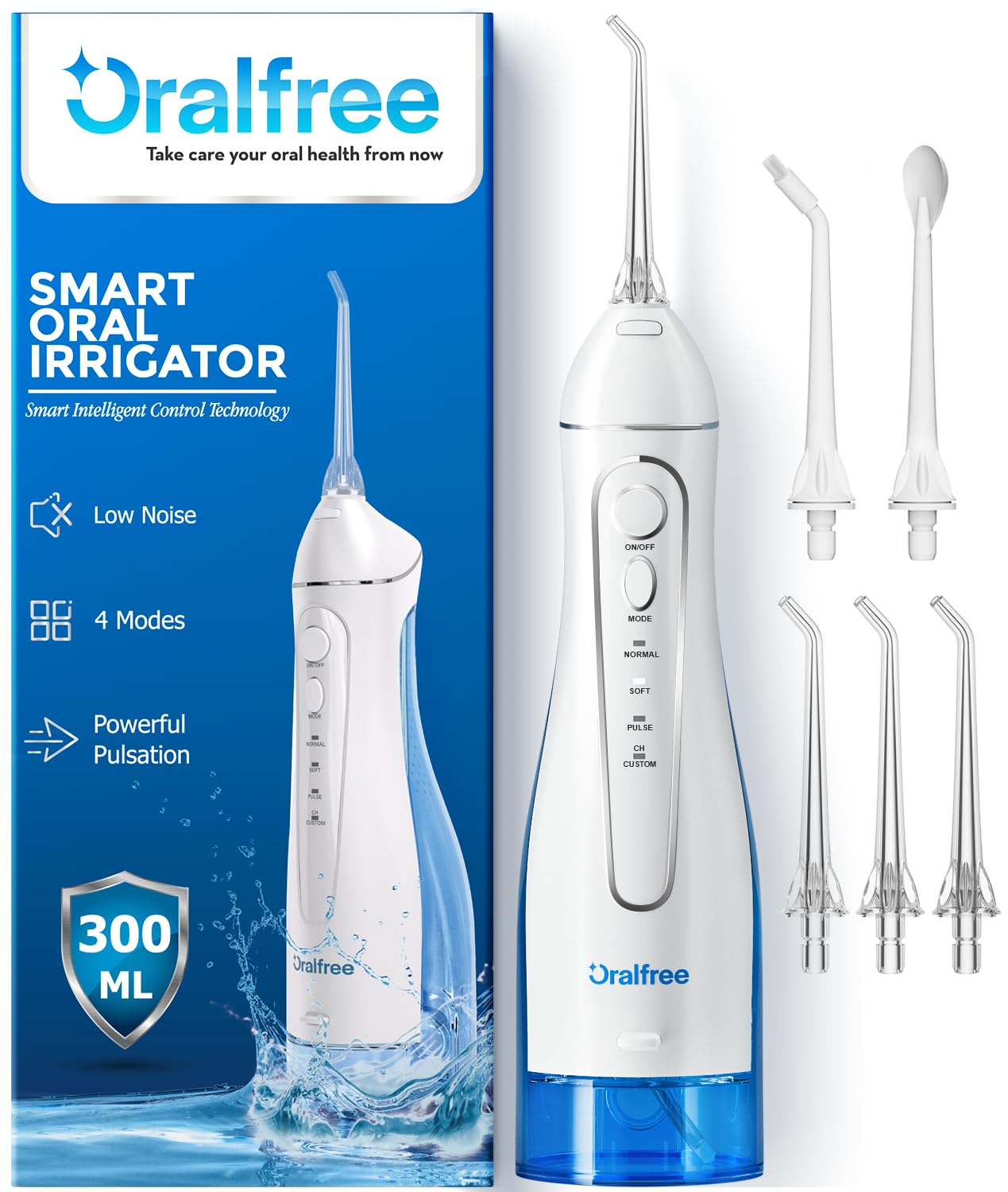 OralfreeWater Dental Flosser Cordless for Teeth Cleaning - 4 Modes Oral Irrigator 300ML Braces Flossers Cleaner, Rechargeable Portable IPX7 Waterproof Powerful Battery for Travel Home