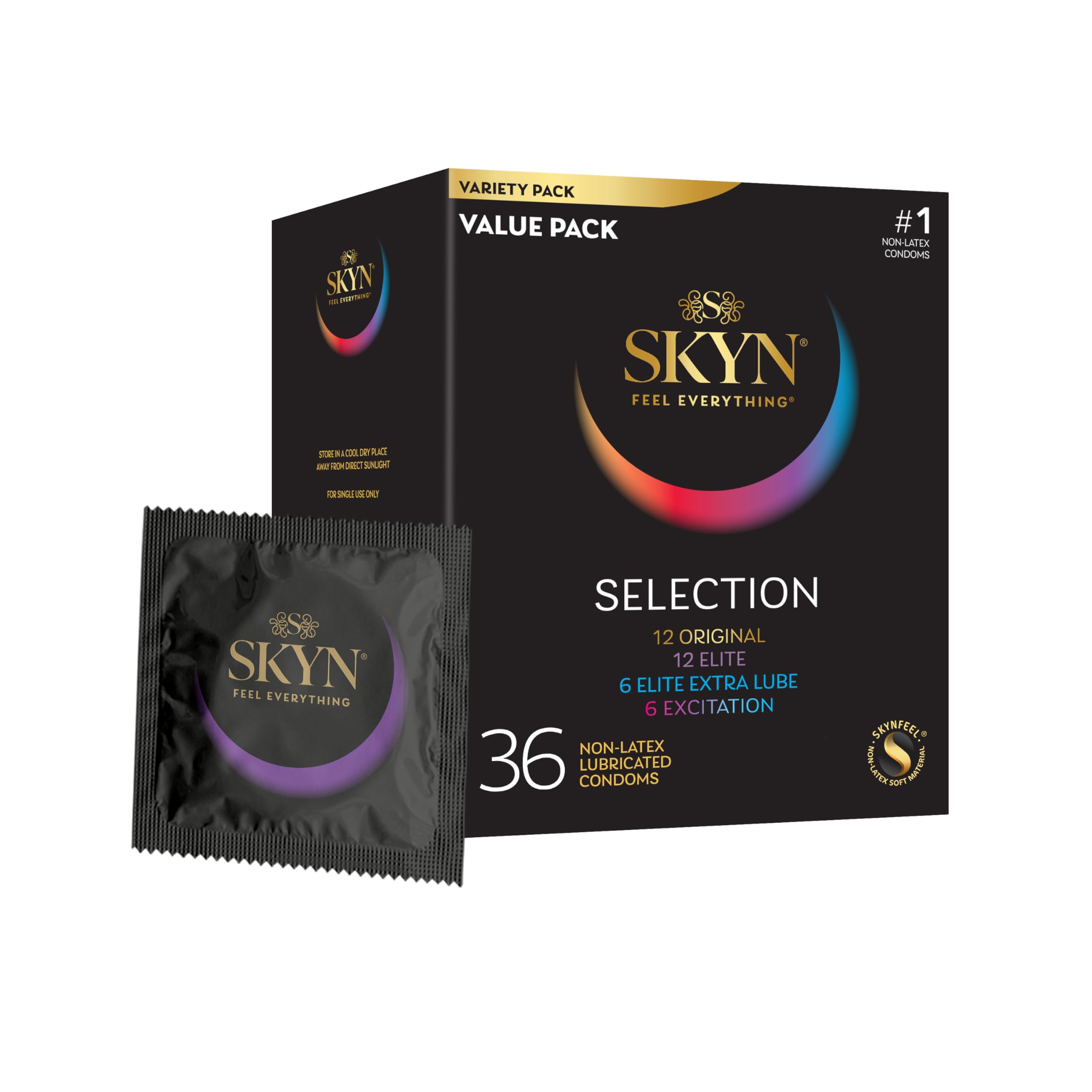 SKYN Selection Non-Latex Condoms - Contains SKYN Elite, Original, Excitation, Extra Lube, Condoms, 36 Count