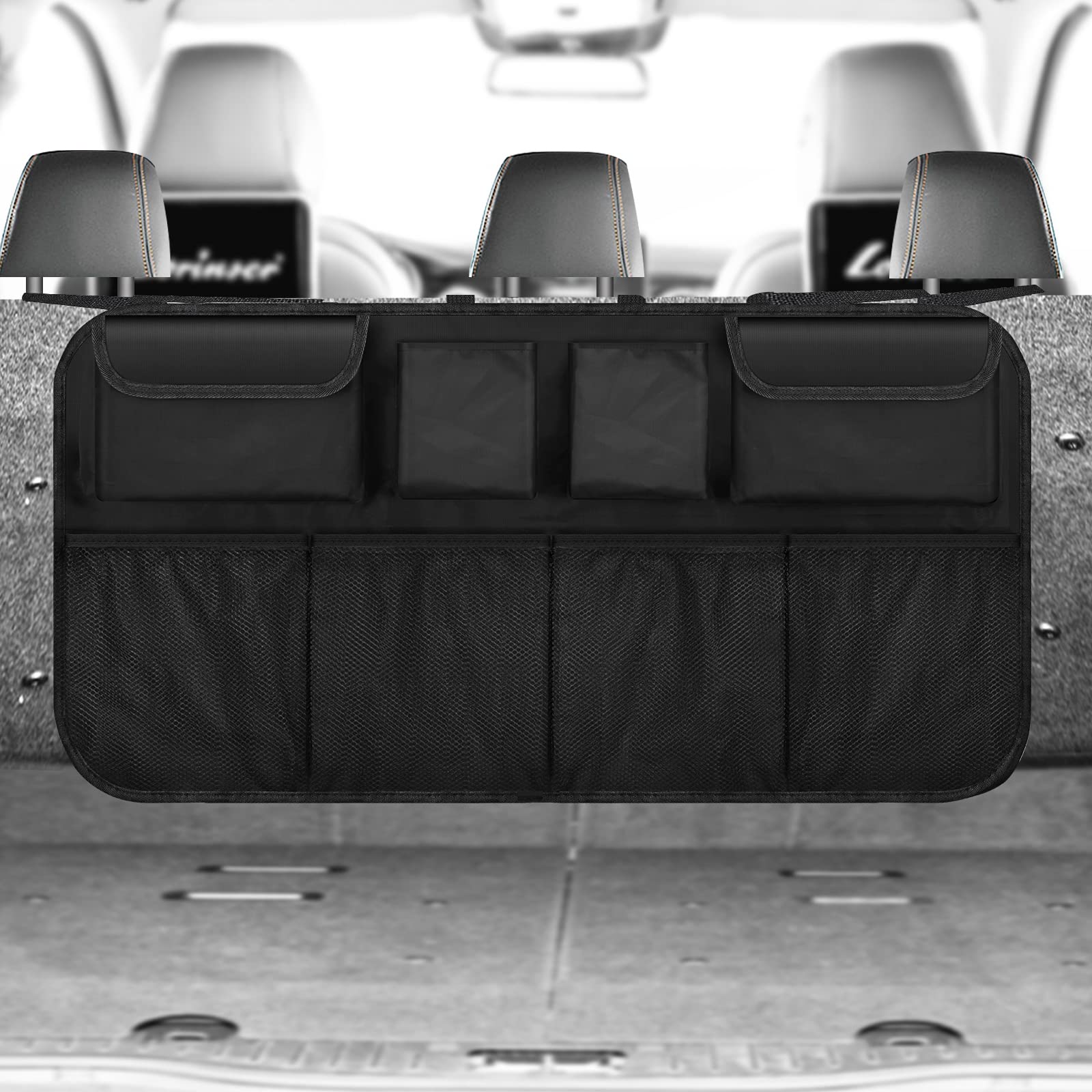 Car Trunk Organizer Storage Bag - Large Capacity Car Backseat Hanging Organizer for SUV, MPV, Van, Car Trunk Tidy Cargo Storage Collapsible with 8 Pockets Adjustable Straps, Space Saving Expert,Size M