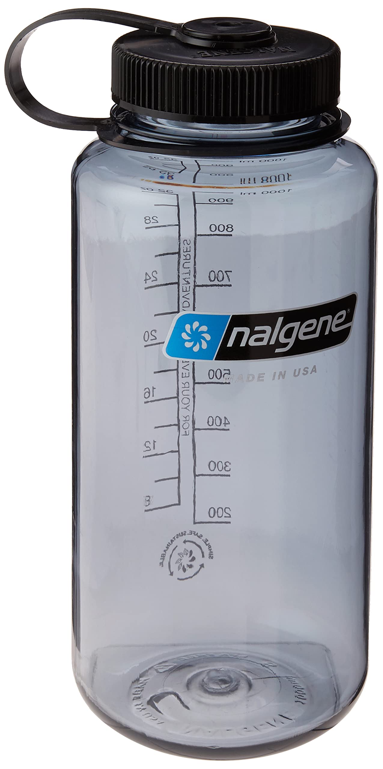 NalgeneSustain Tritan BPA-Free Water Bottle Made with Material Derived From 50% Plastic Waste, 32 OZ, Wide Mouth, Gray w/Black Lid