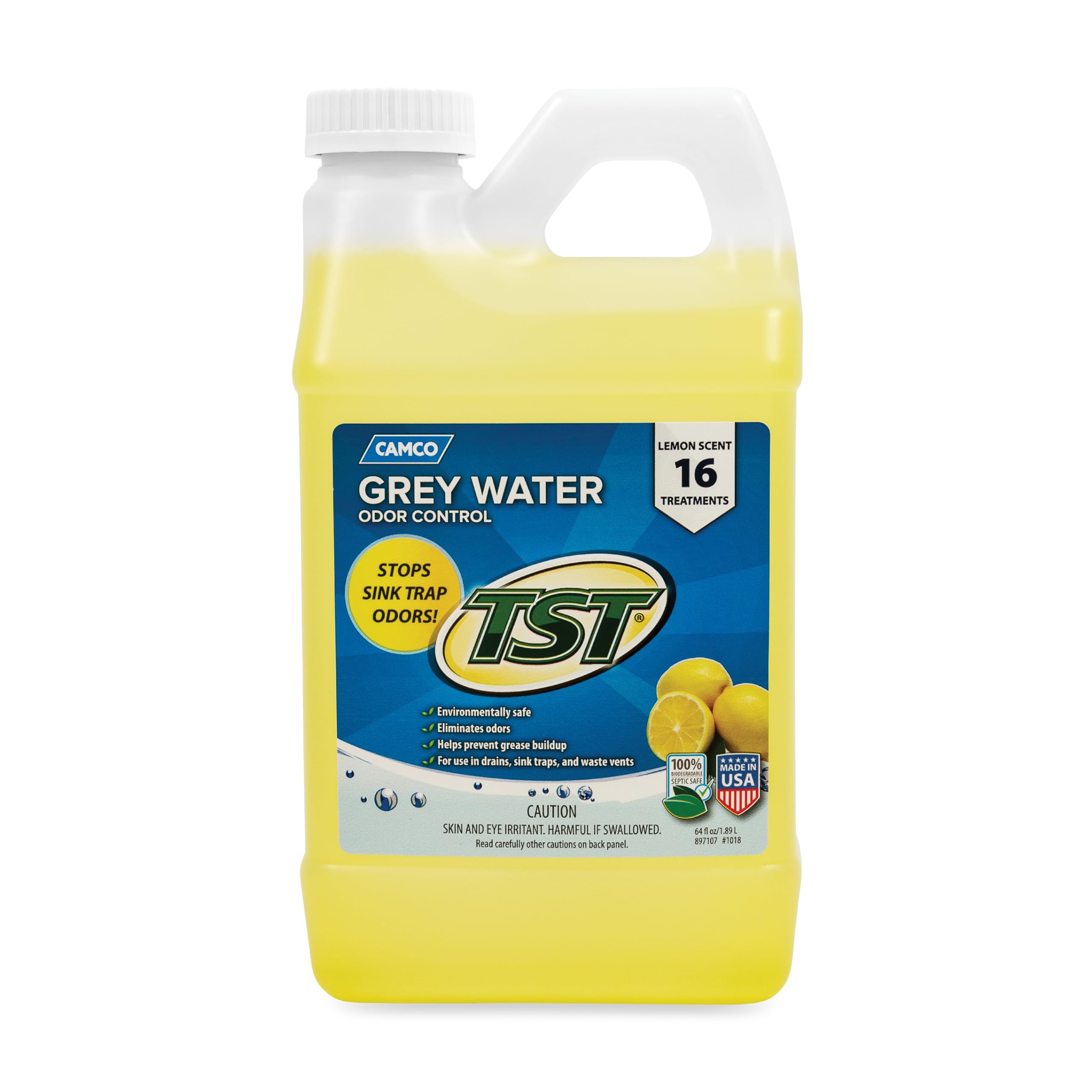 Camco TST Camper/RV Grey Water Odor Control - Removes Grease Buildup in Gray Water Tank, Sink & Shower Drains - 4oz Treats 40-Gal Holding Tank - Safe Septic Tank Treatment - Lemon, 64 oz (40256)