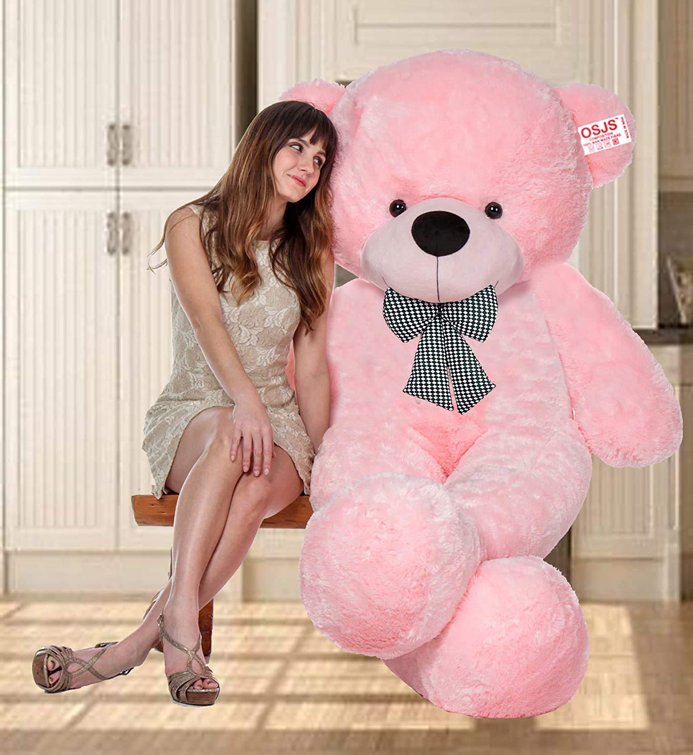 OSJS Toys 3 Feet Teddy Bear with Neck Bow Stuffed Spongy Cute Teddy Bear (Pink_3 Feet)