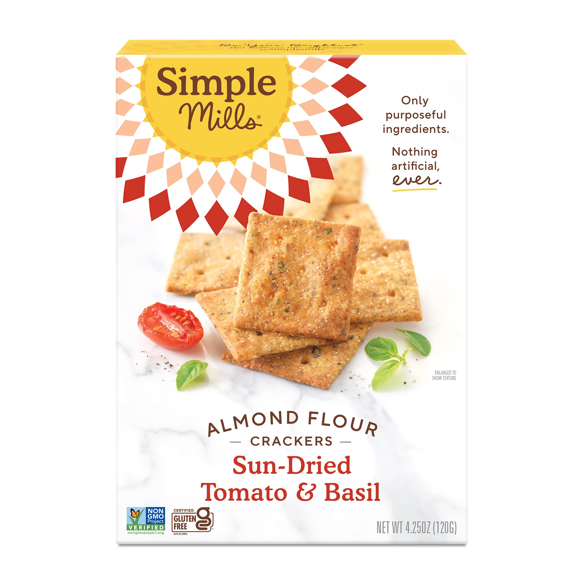 Simple MillsAlmond Flour Crackers, Sundried Tomato & Basil, Gluten Free, Flax Seed, Sunflower Seeds, Corn Free, Good for Snacks, Made with whole foods, (Packaging May Vary), 4.25 Ounce