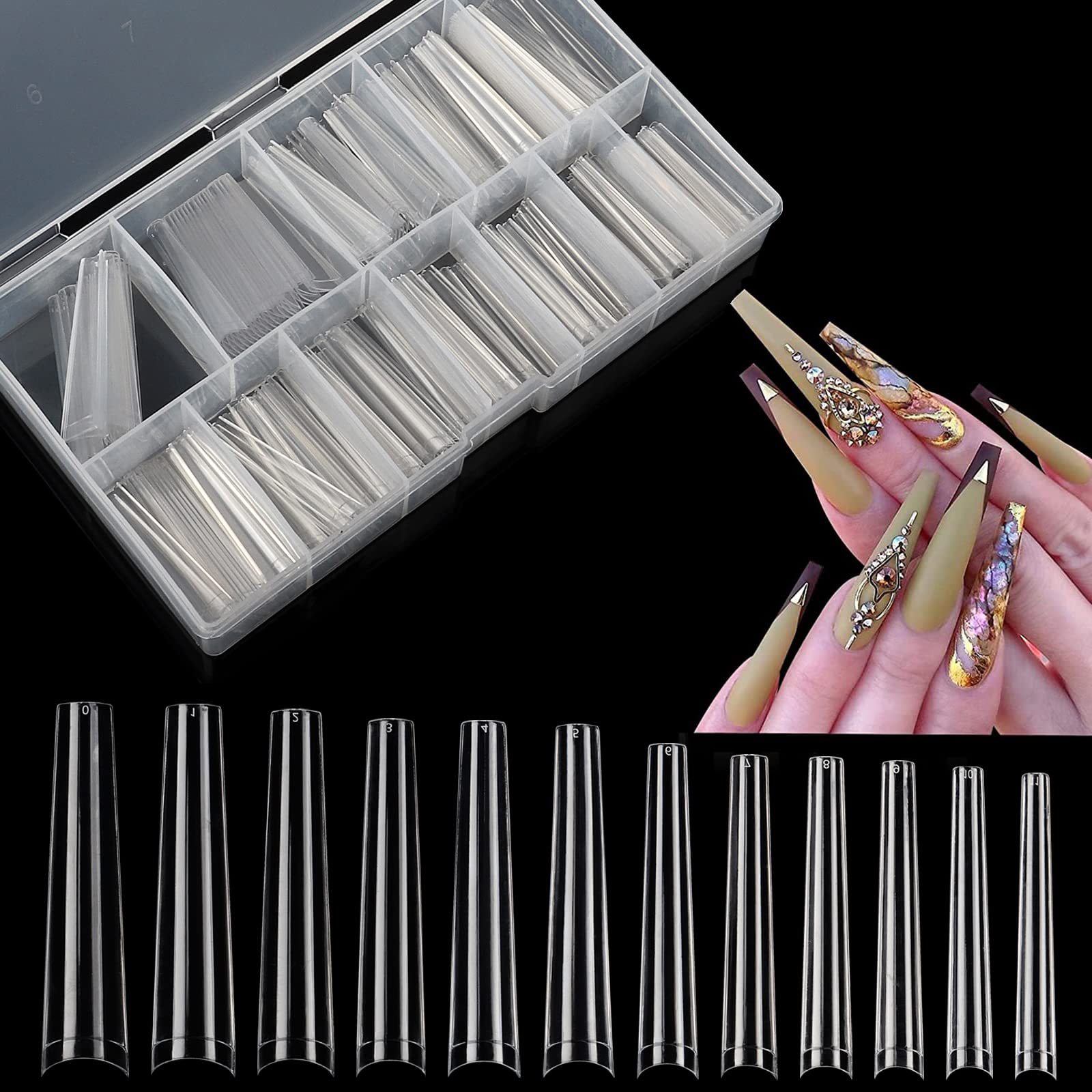 LIONVISON 3XL Clear NO C Curve Coffin Nail Tips for Acrylic Nails Professional, 504PCS Extra Long Tapered Square Nail Tips, 12 Sizes Straight Press On Gel Nail Tips for Nail Salons Home DIY