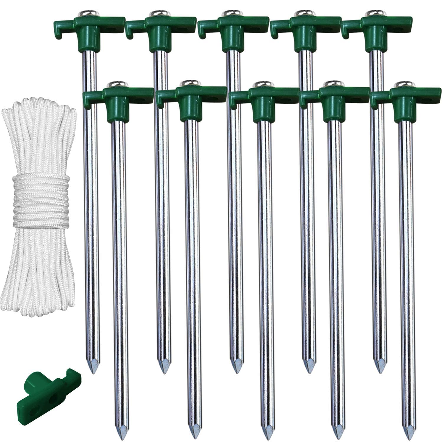 ABCCANOPY Tent Stakes, Camping Tent Stakes, 11" Galvanized Non-Rust Stakes Pegs for Pop Up Canopy, Camping Tent, Tree Tent, Hiking, 10pc-Pack, Bonus 4pcs 10ft Ropes & 1 PVC top