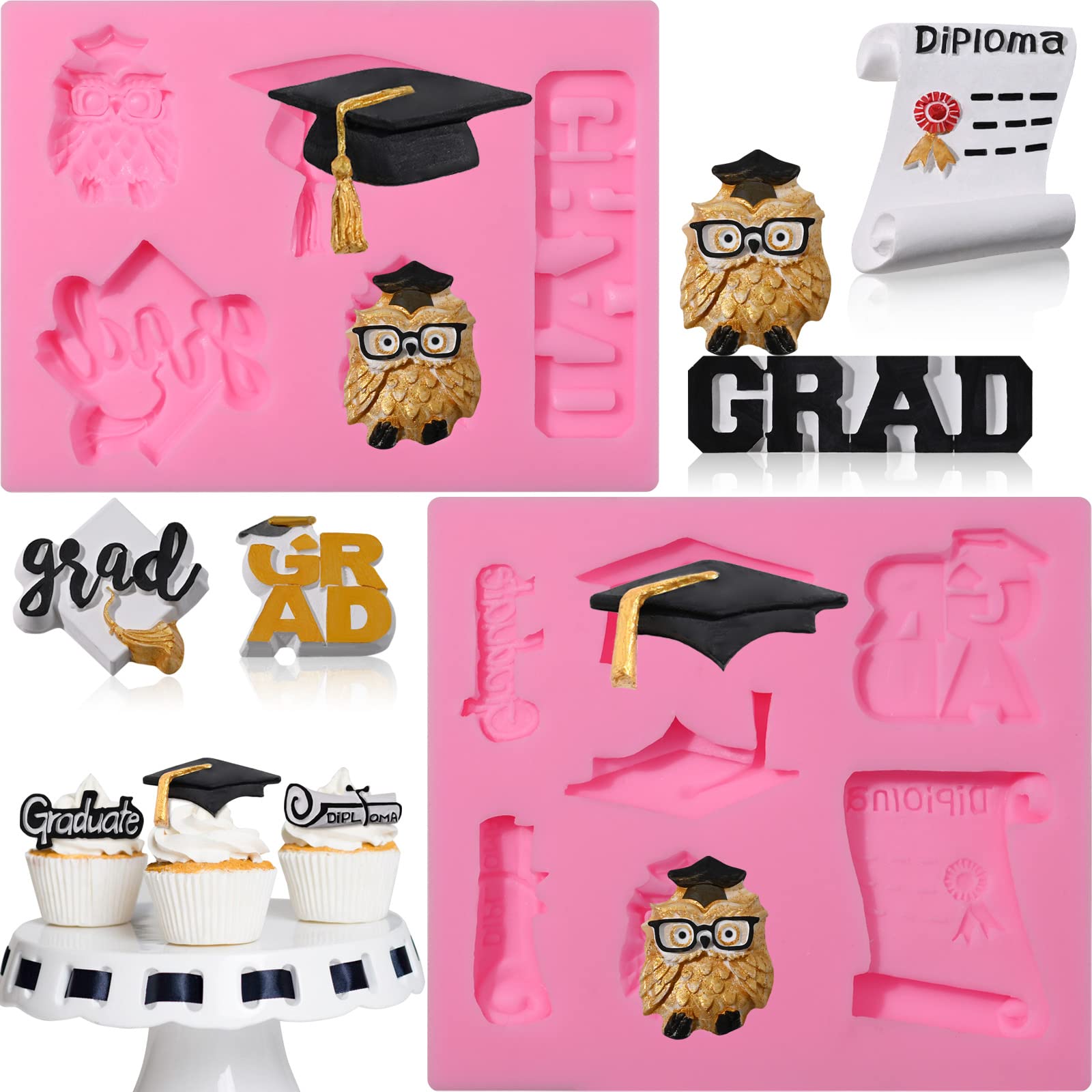 Graduation Molds Silicone,Graduation Fondant Molds With Owl Grad Cap Diploma Scroll Silicone Molds For Chocolate Candy Cookie Cupcake Cake Decoration for 2024 Graduation Celebration