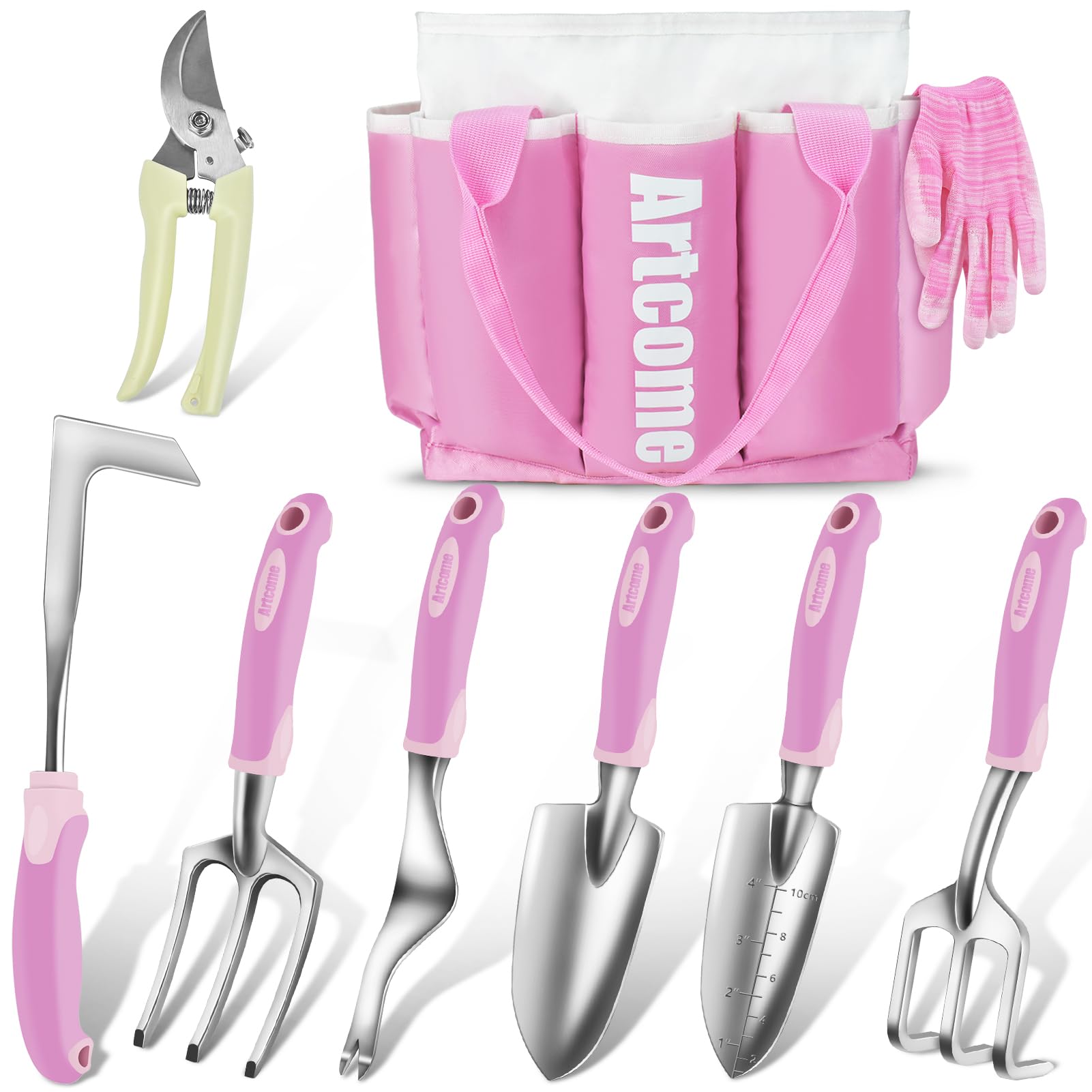 Artcome 9 PCS Garden Tool Set - Complete Garden Tool Kit with 7 Heavy Duty Garden Tools, Bag & Gloves - Uniform Pink Set - Garden Tool Set with Soft & Comfortable Grip - Ideal Gift for Women