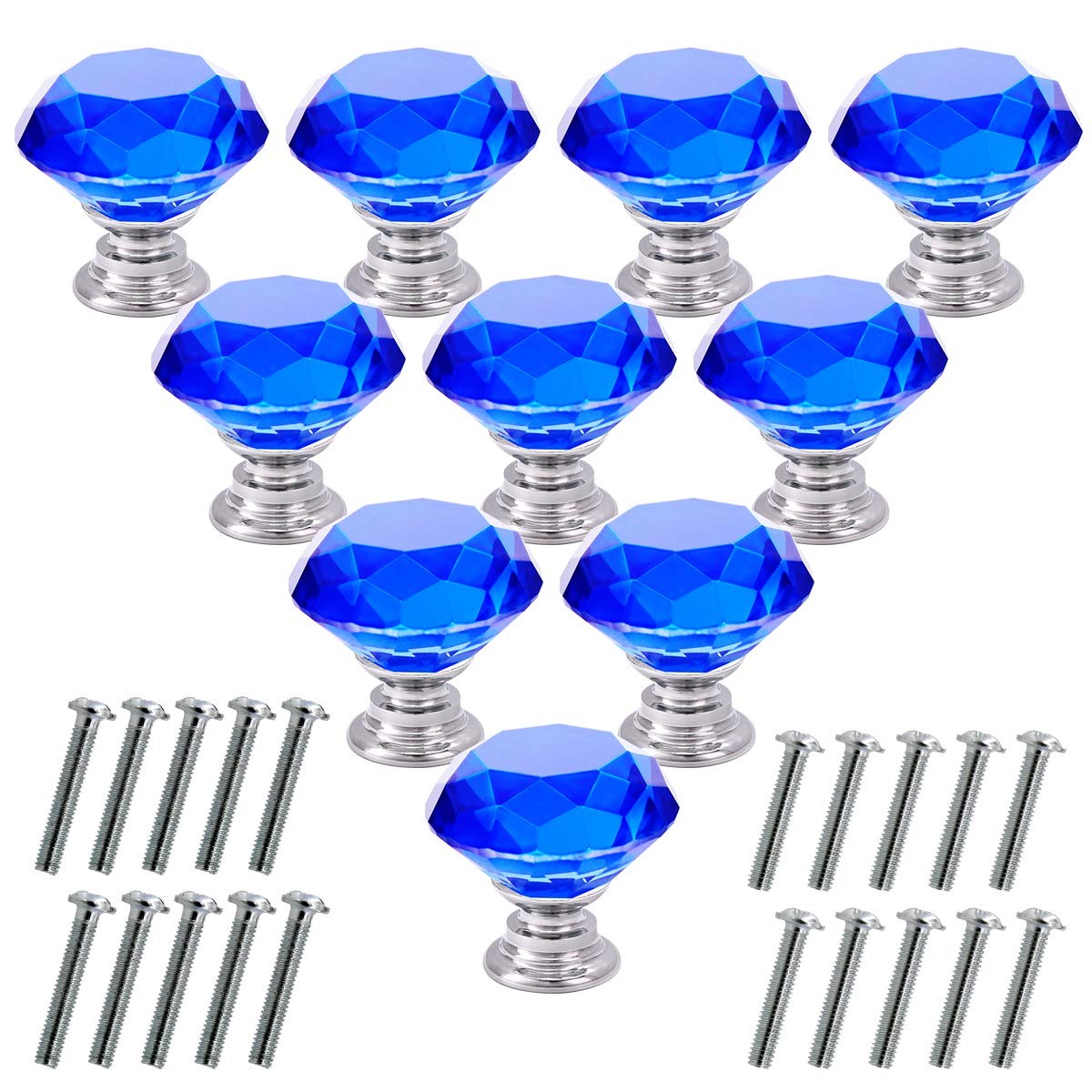 Akstore 10 Pcs Crystal Glass Cabinet Knobs 30mm Diamond Shape Drawer Kitchen Cabinets Dresser Cupboard Wardrobe Pulls Handles (Blue)