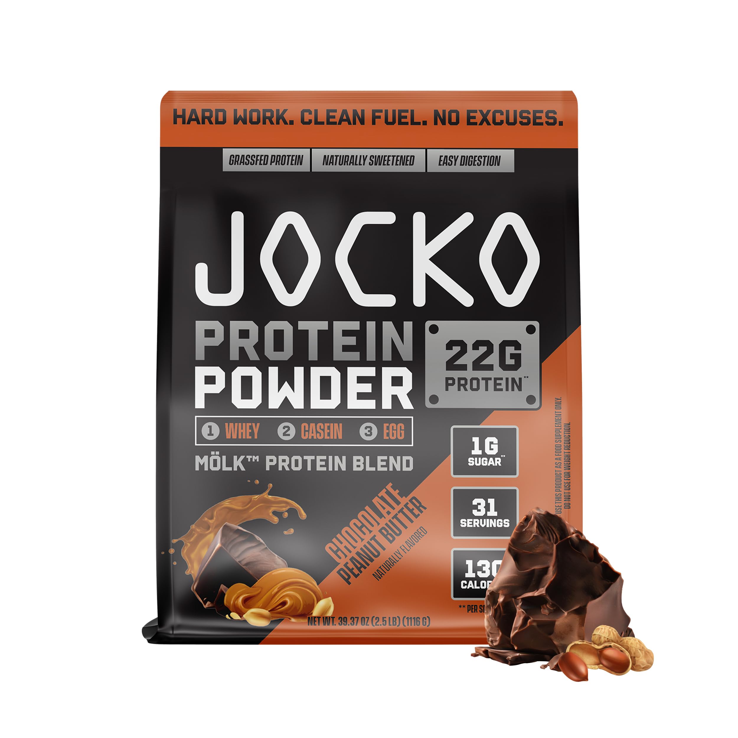 Jocko Mölk Whey Protein Powder 22g Sugar Free Monk Fruit Blend - Muscle Recovery & Growth, Packaging May Vary (31 Servings, Chocolate Peanut Butter)